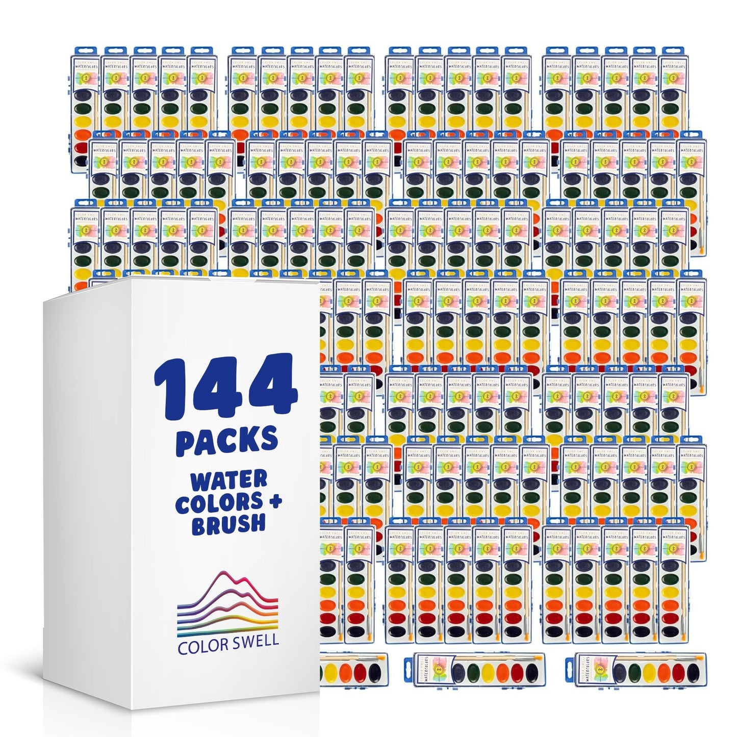 Color Swell 144-Set Bulk Watercolor Paint Pack with Wood Brushes | Kid-Safe Classroom Art Supplies