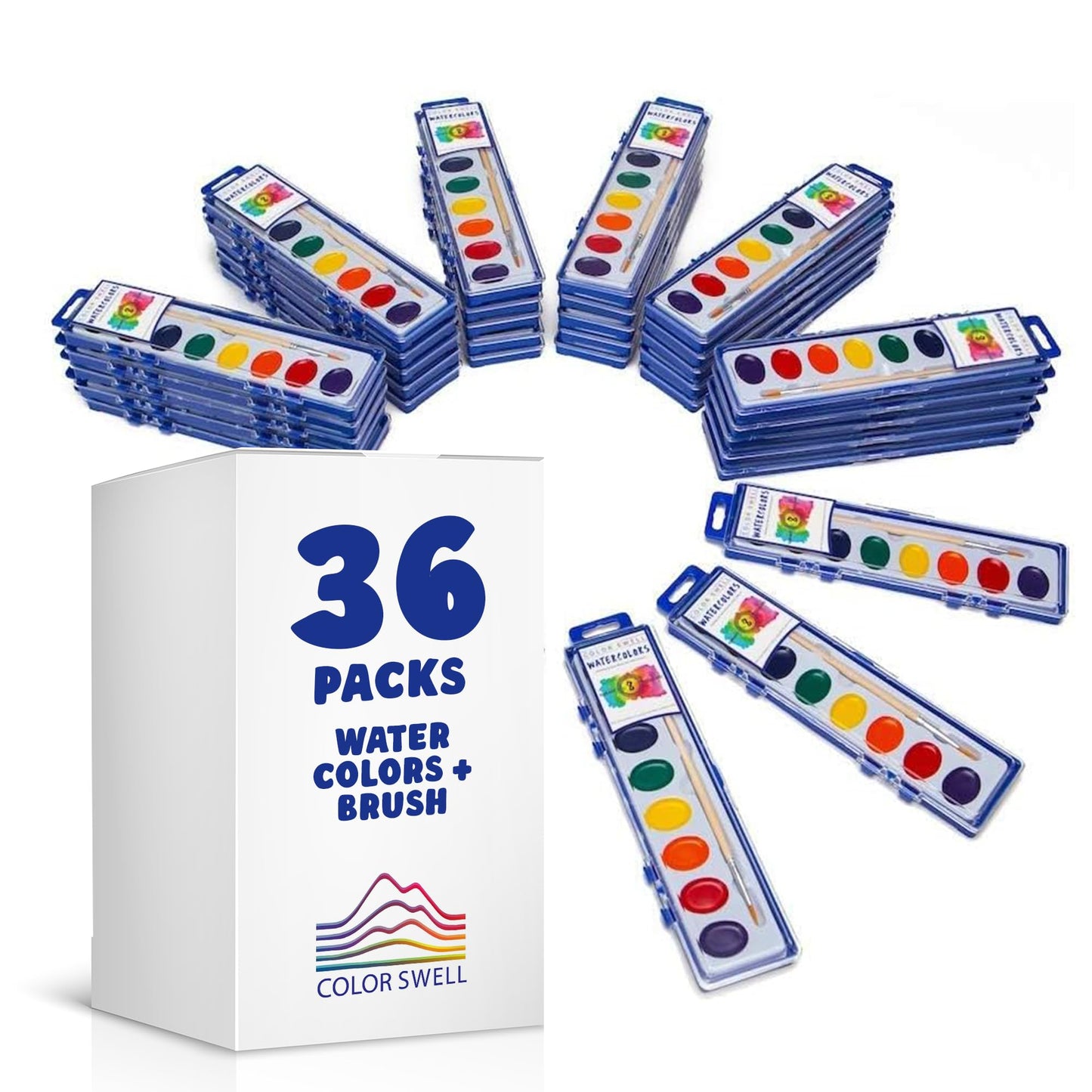 Color Swell Bulk Watercolors Paint Pack – 36 Sets with Wood Brushes, 8 Washable Colors