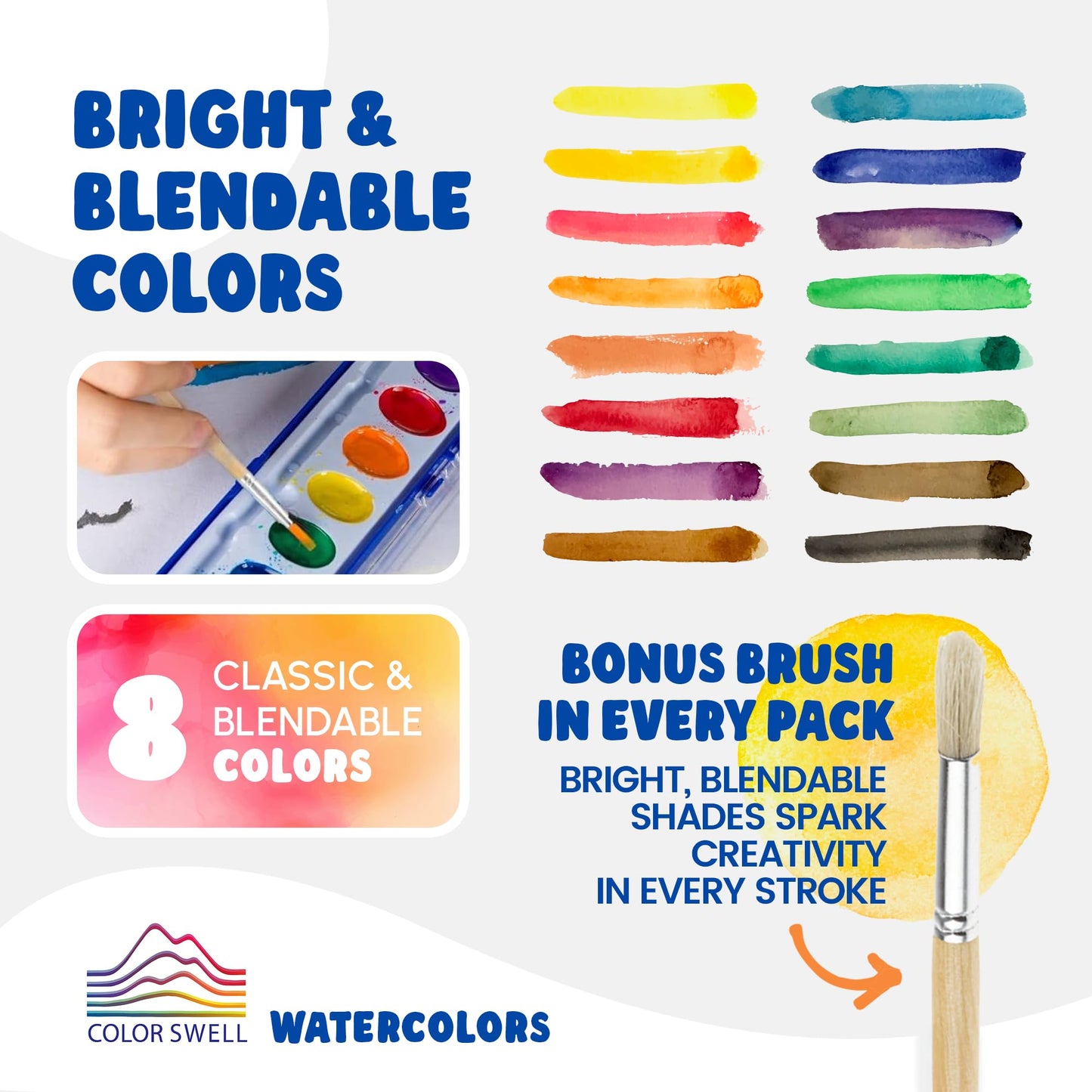 Color Swell 144-Set Bulk Watercolor Paint Pack with Wood Brushes | Kid-Safe Classroom Art Supplies