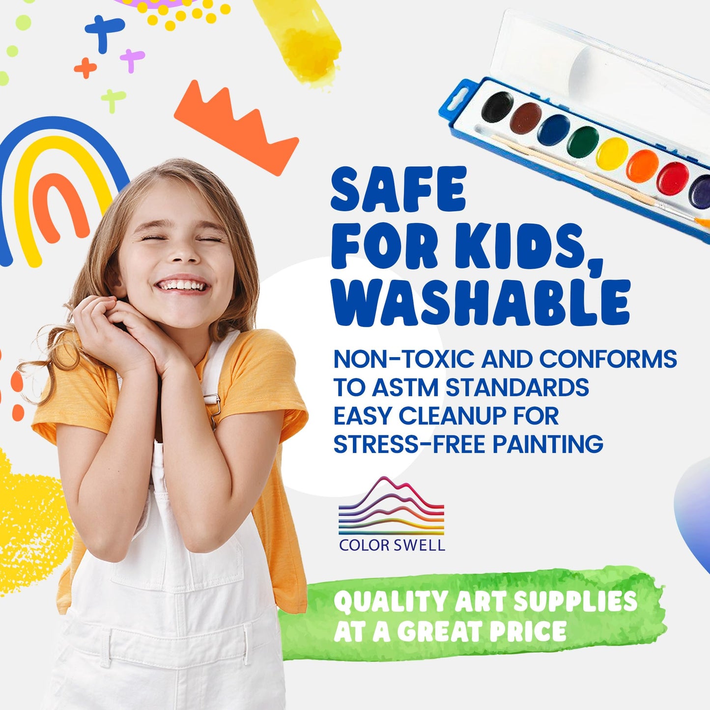 Color Swell Bulk Watercolors Paint Pack – 36 Sets with Wood Brushes, 8 Washable Colors