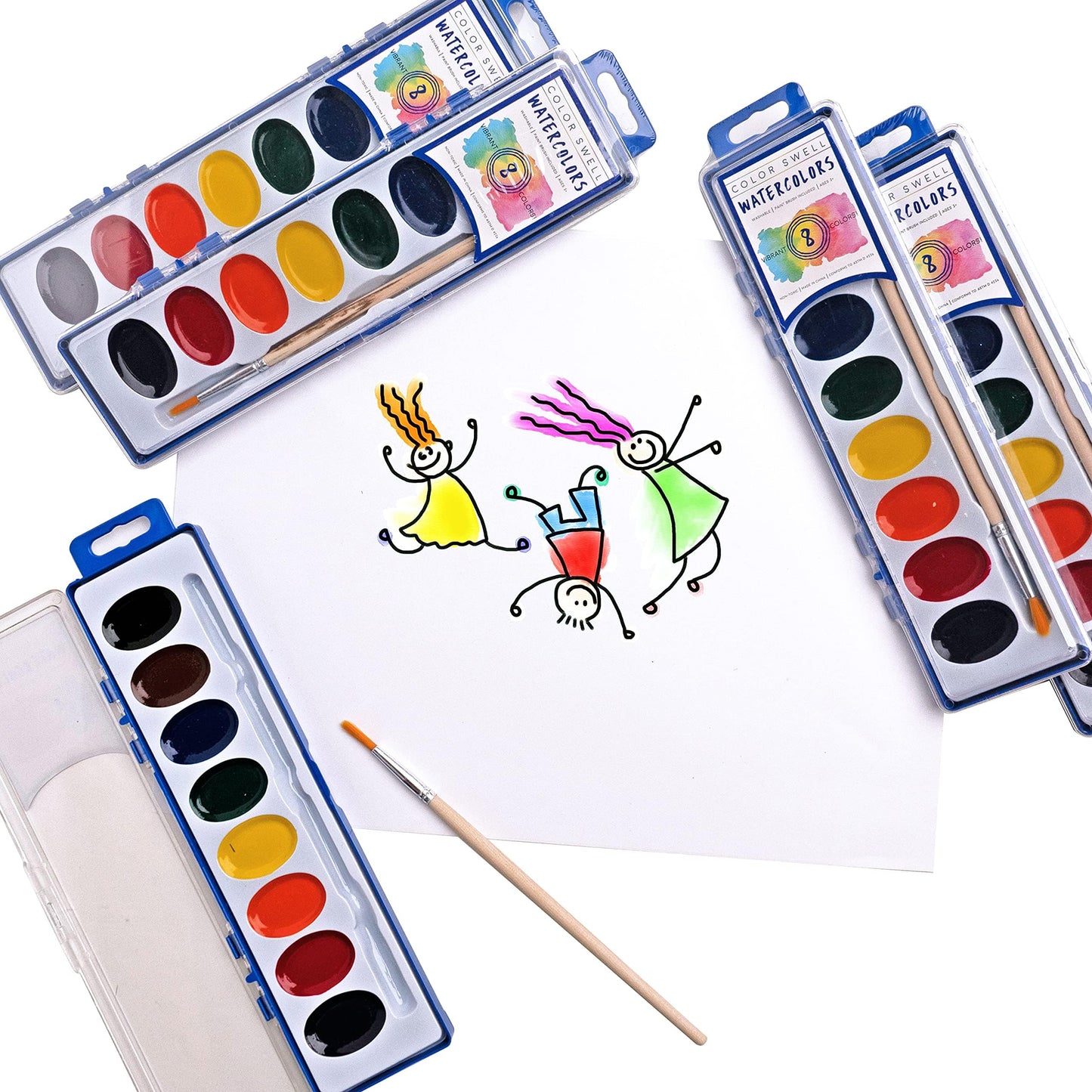Color Swell Bulk Watercolors Paint Pack – 36 Sets with Wood Brushes, 8 Washable Colors