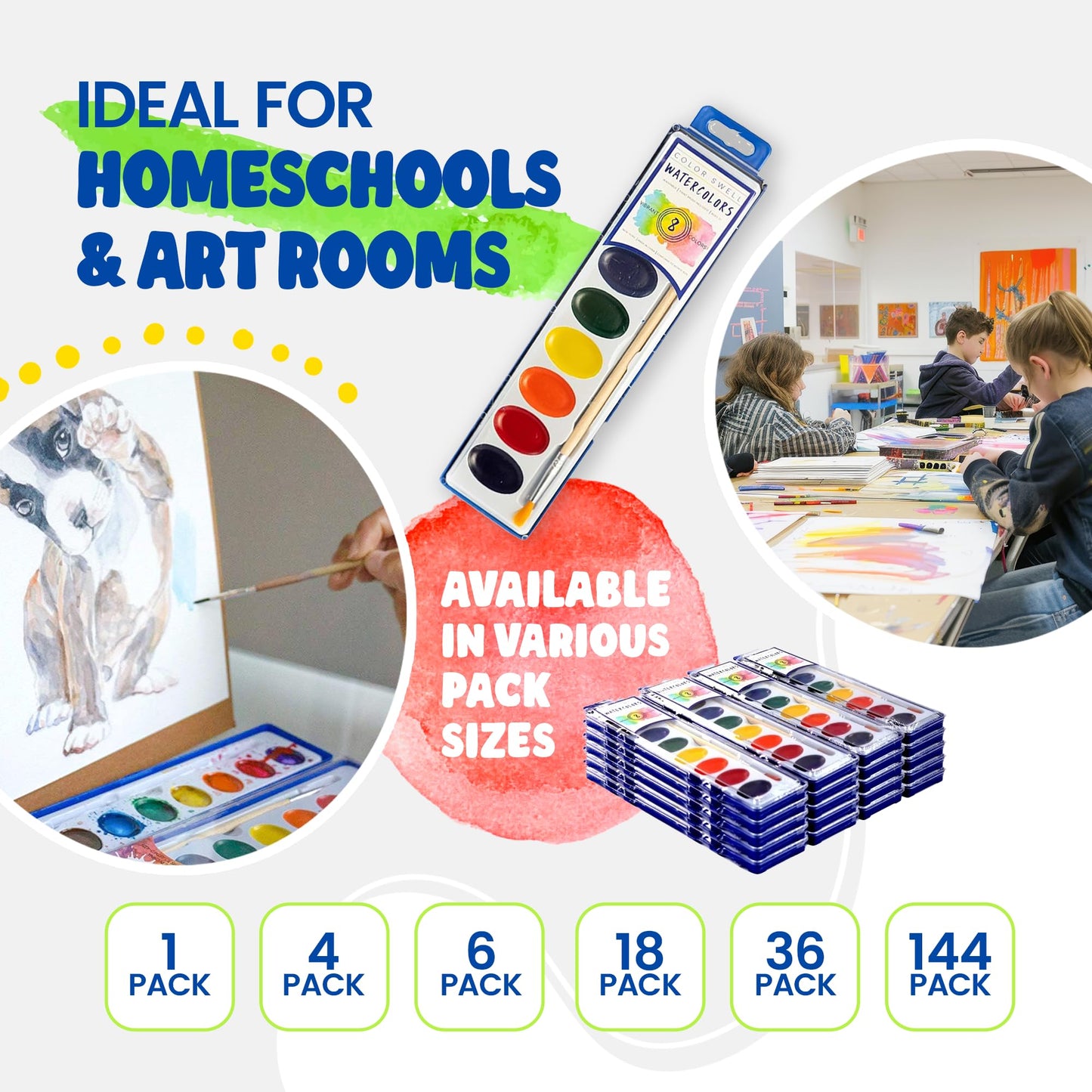 Color Swell Bulk Watercolors Paint Pack – 36 Sets with Wood Brushes, 8 Washable Colors