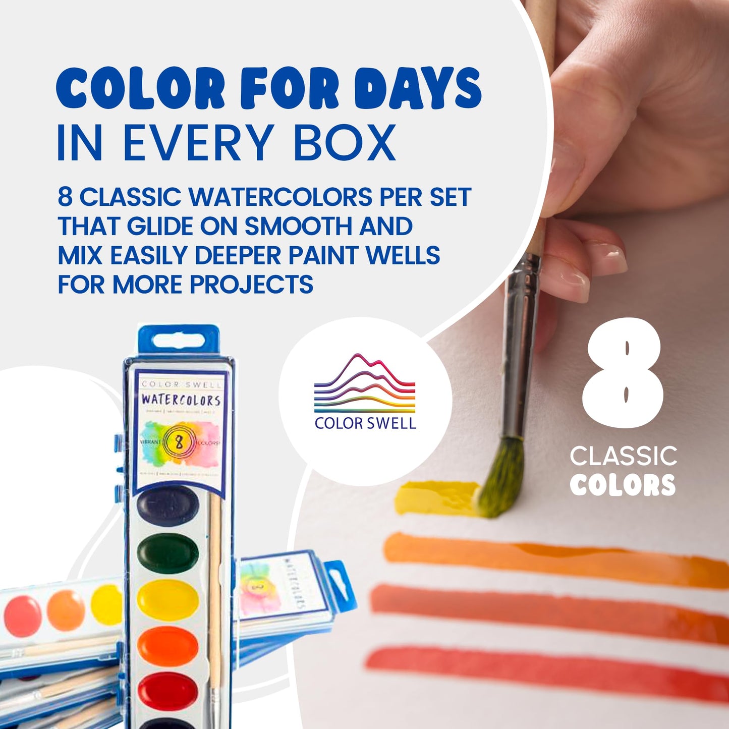 Color Swell Bulk Watercolors Paint Pack – 36 Sets with Wood Brushes, 8 Washable Colors