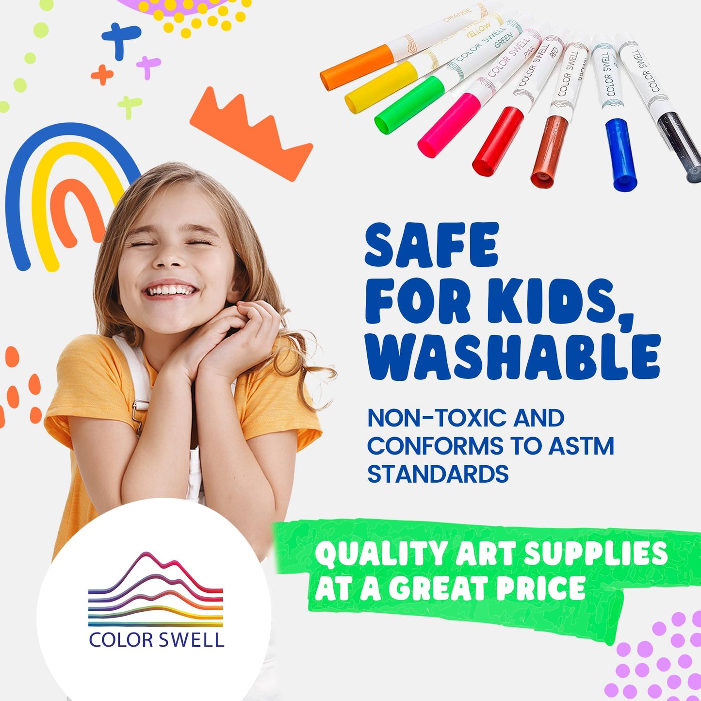 Color Swell 8-Pack Broad Line Markers – Washable, Non-Toxic for Kids, Students & Classrooms