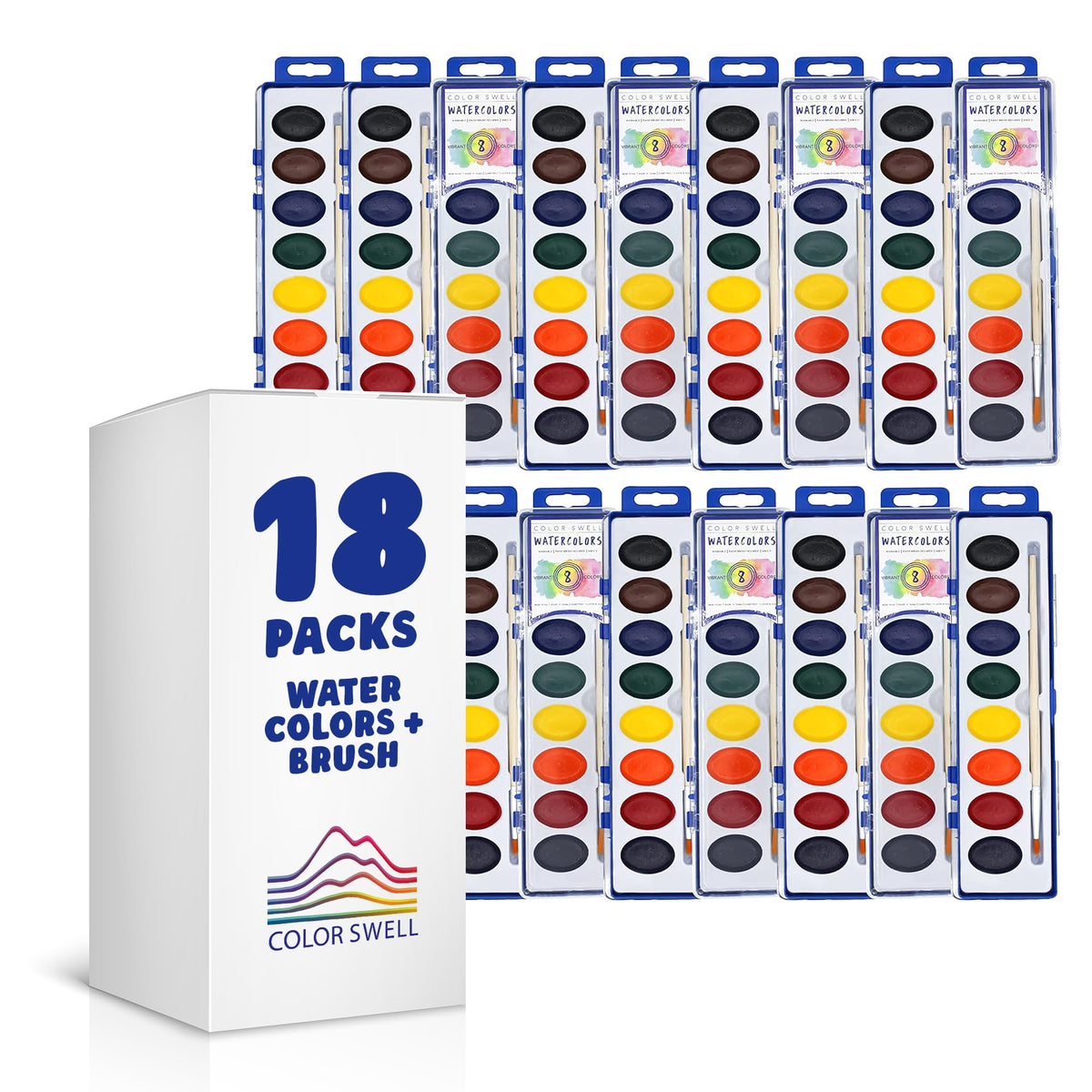 Color Swell Washable Bulk Watercolors – 18 Pack, 8 Colors, Wood Brush, Classroom Bulk Pack