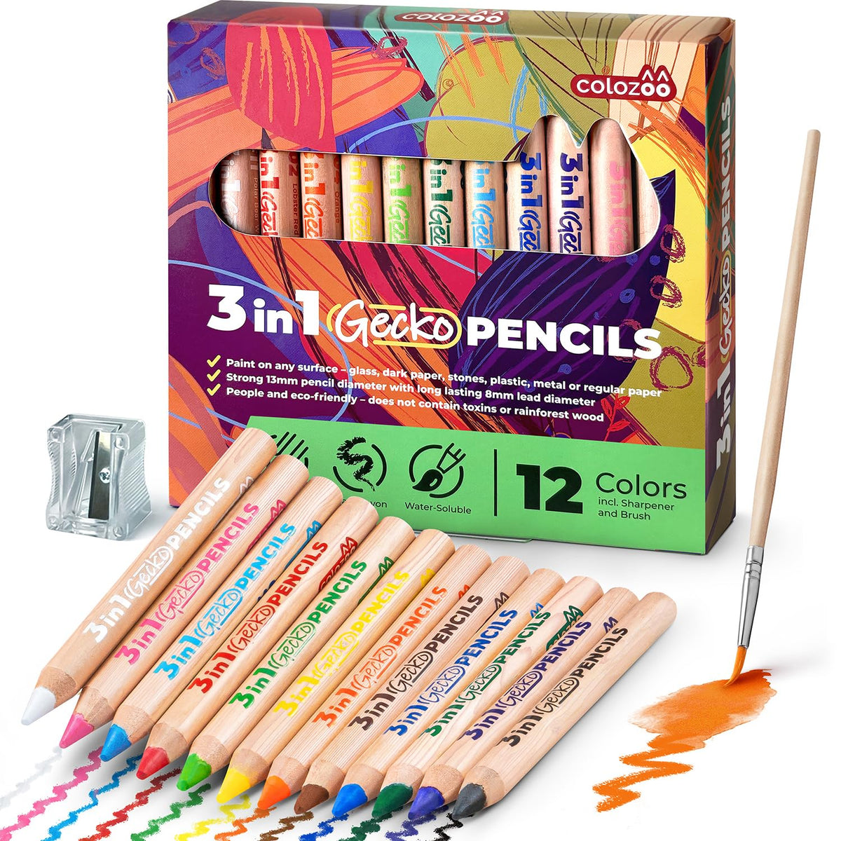 Colozoo 3 In 1 Chubby Color Pencils for Kids – 12 Color Set with Brush & Sharpener | Non-Toxic & Vegan