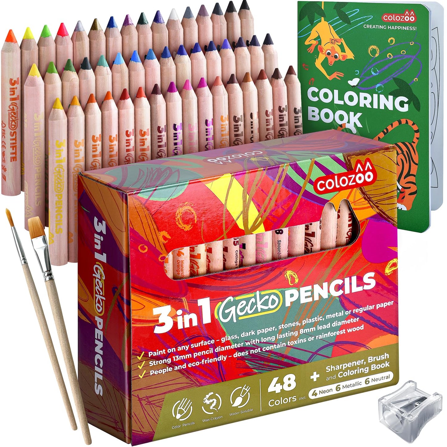 Colozoo Gecko 3-in-1 Kids' Pencil Set | 48 Coloring Pencils, 2 Brushes, Sharpener & Book (Ages 3+)