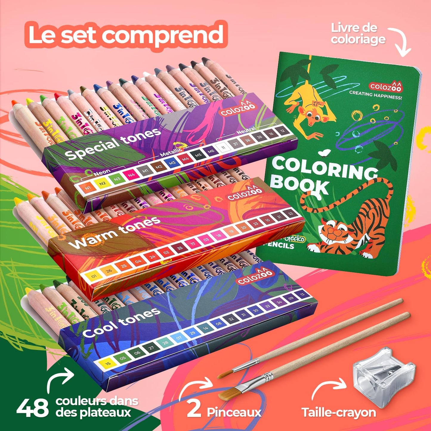 Colozoo Gecko 3-in-1 Kids' Pencil Set | 48 Coloring Pencils, 2 Brushes, Sharpener & Book (Ages 3+)