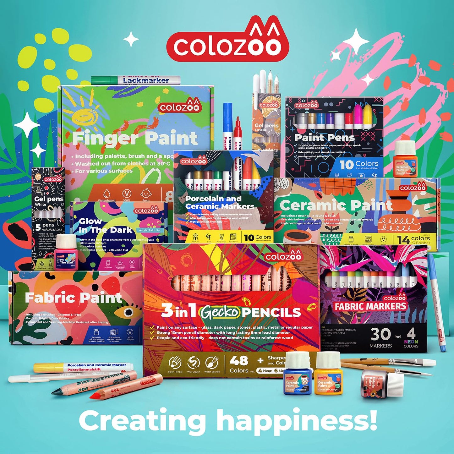 Colozoo Gecko 3-in-1 Kids' Pencil Set | 48 Coloring Pencils, 2 Brushes, Sharpener & Book (Ages 3+)