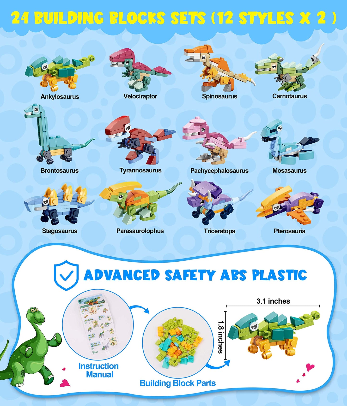 Colplay 24 Packs Valentines Day Gifts for Kids – Dinosaur Building Blocks & Cards