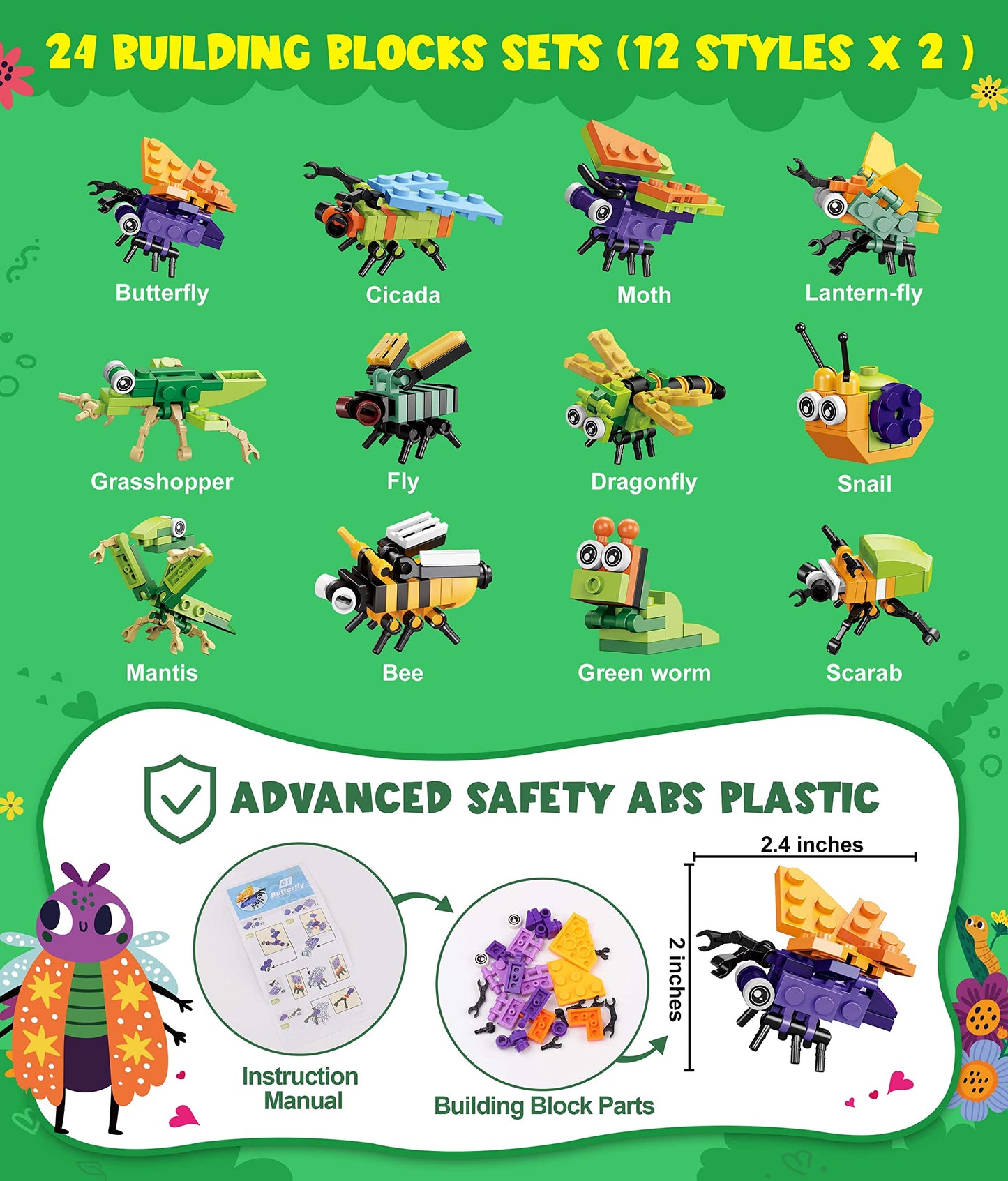 Colplay 24-Pack Valentines Day Gifts: Insect Building Blocks, Cards & Stickers for Class Gifts