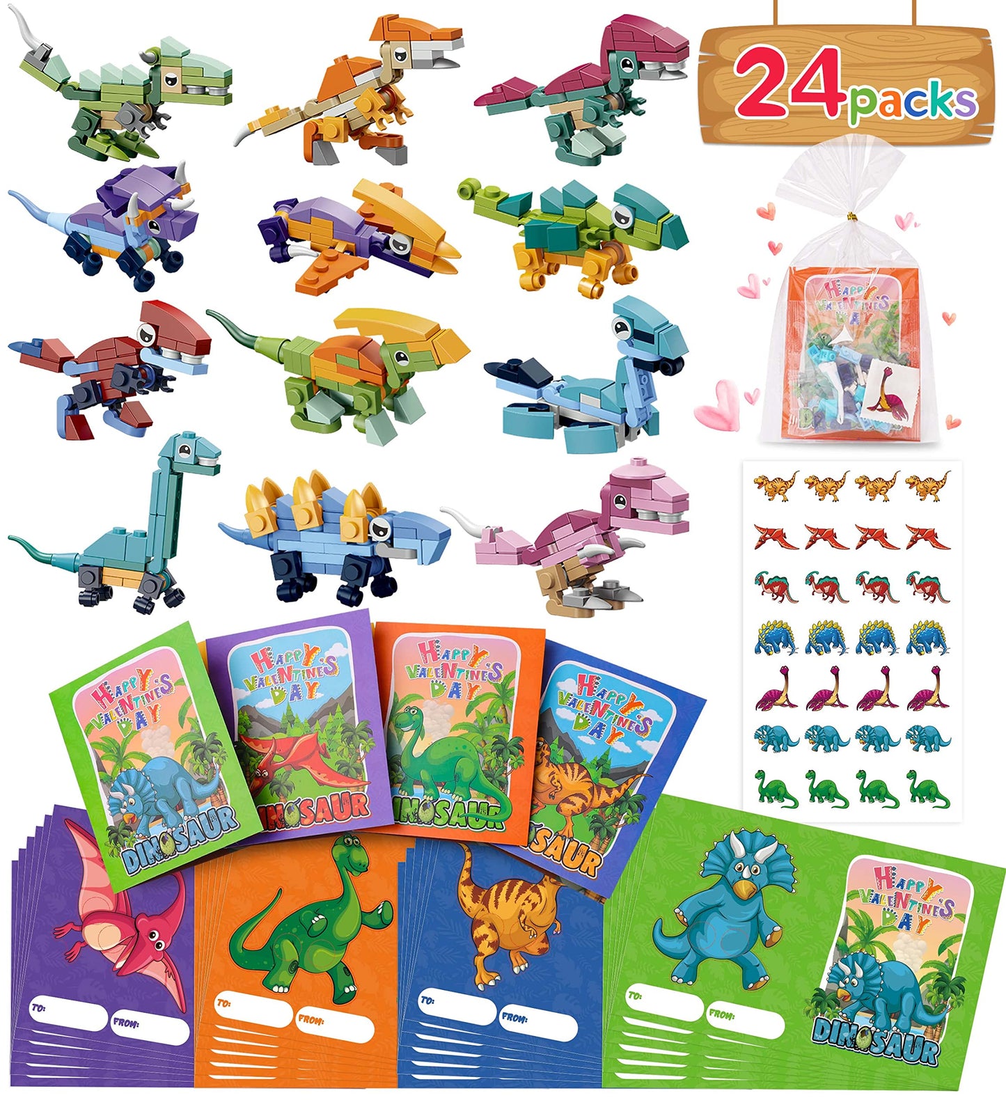 Colplay 24 Packs Valentines Day Gifts for Kids – Dinosaur Building Blocks & Cards