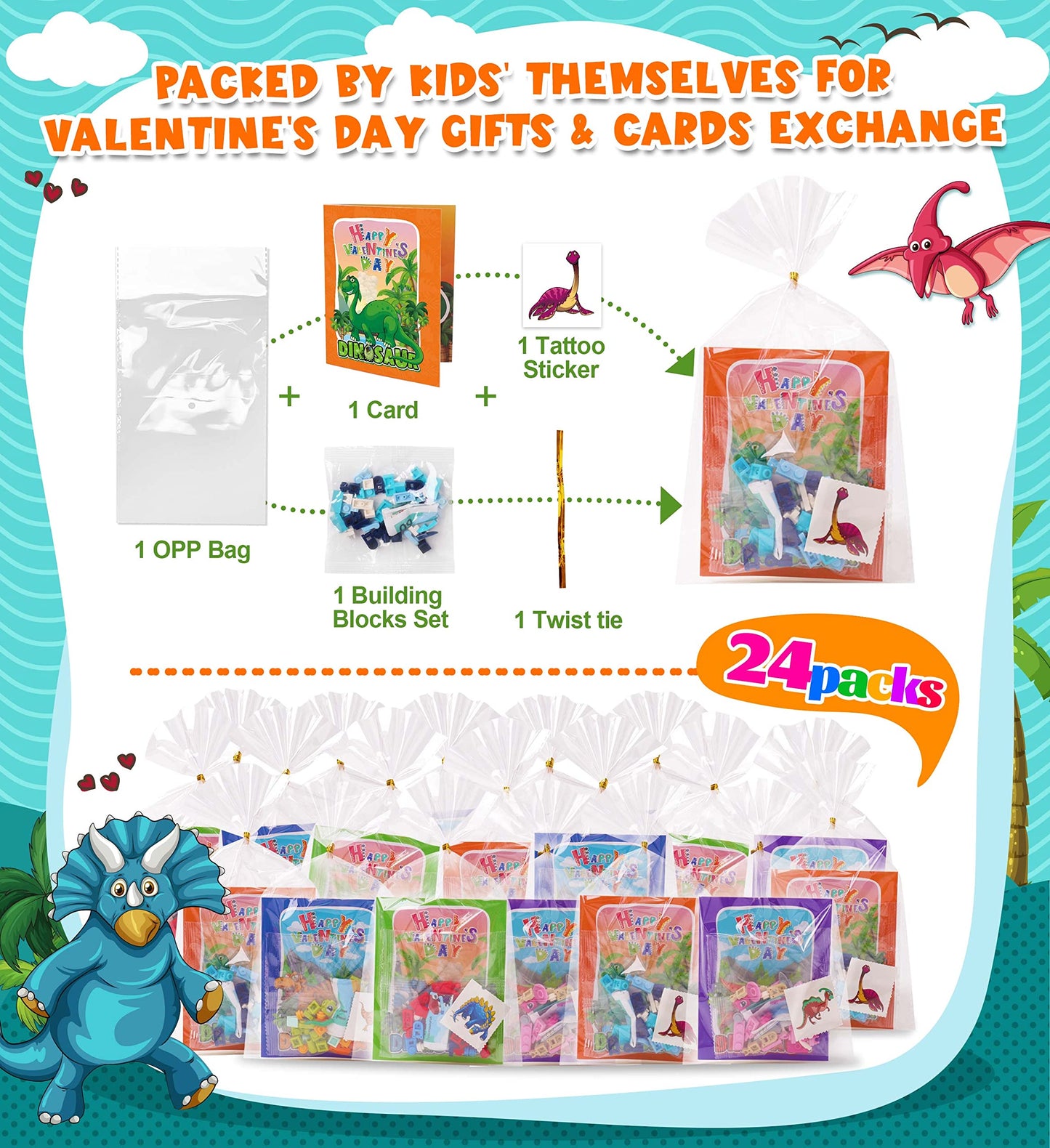 Colplay 24 Packs Valentines Day Gifts for Kids – Dinosaur Building Blocks & Cards