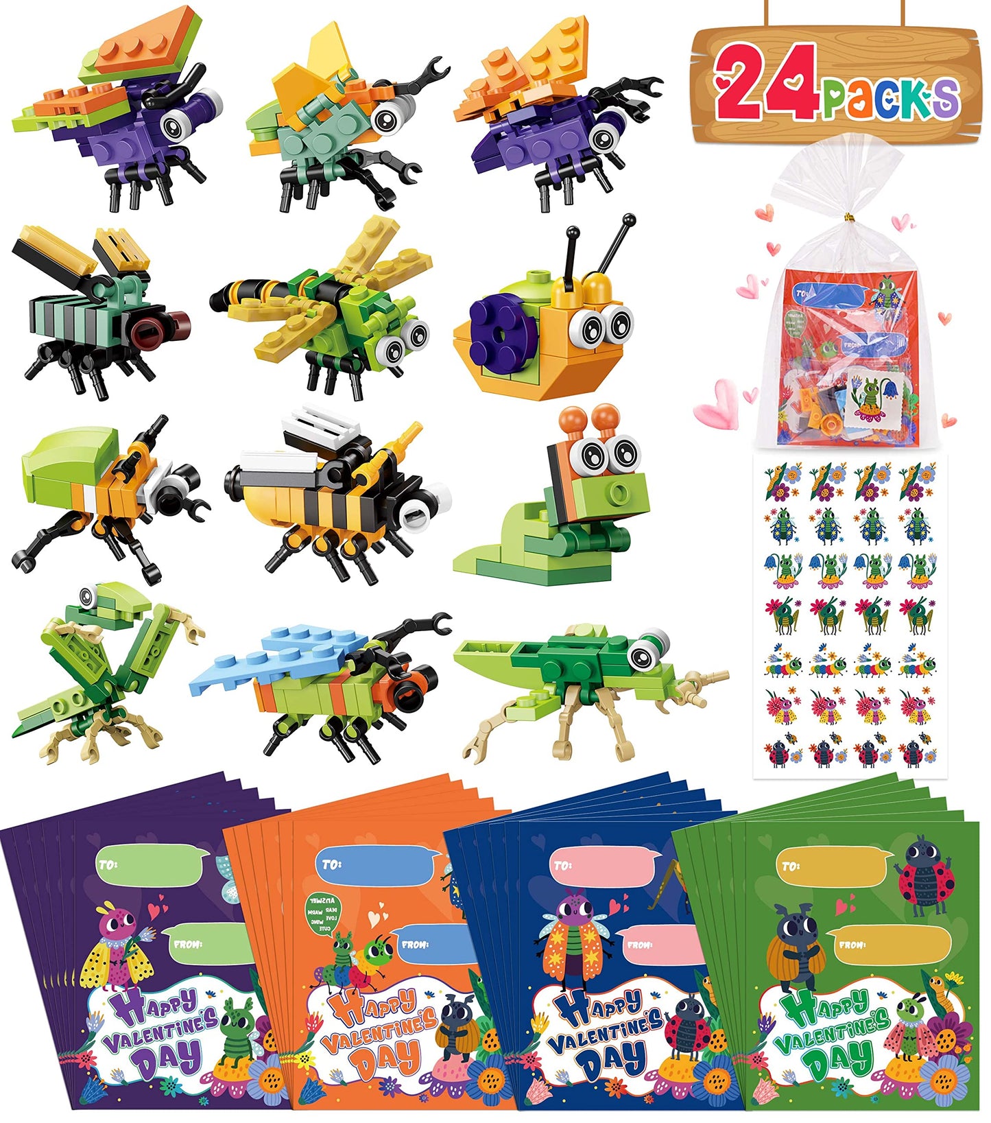 Colplay 24-Pack Valentines Day Gifts: Insect Building Blocks, Cards & Stickers for Class Gifts