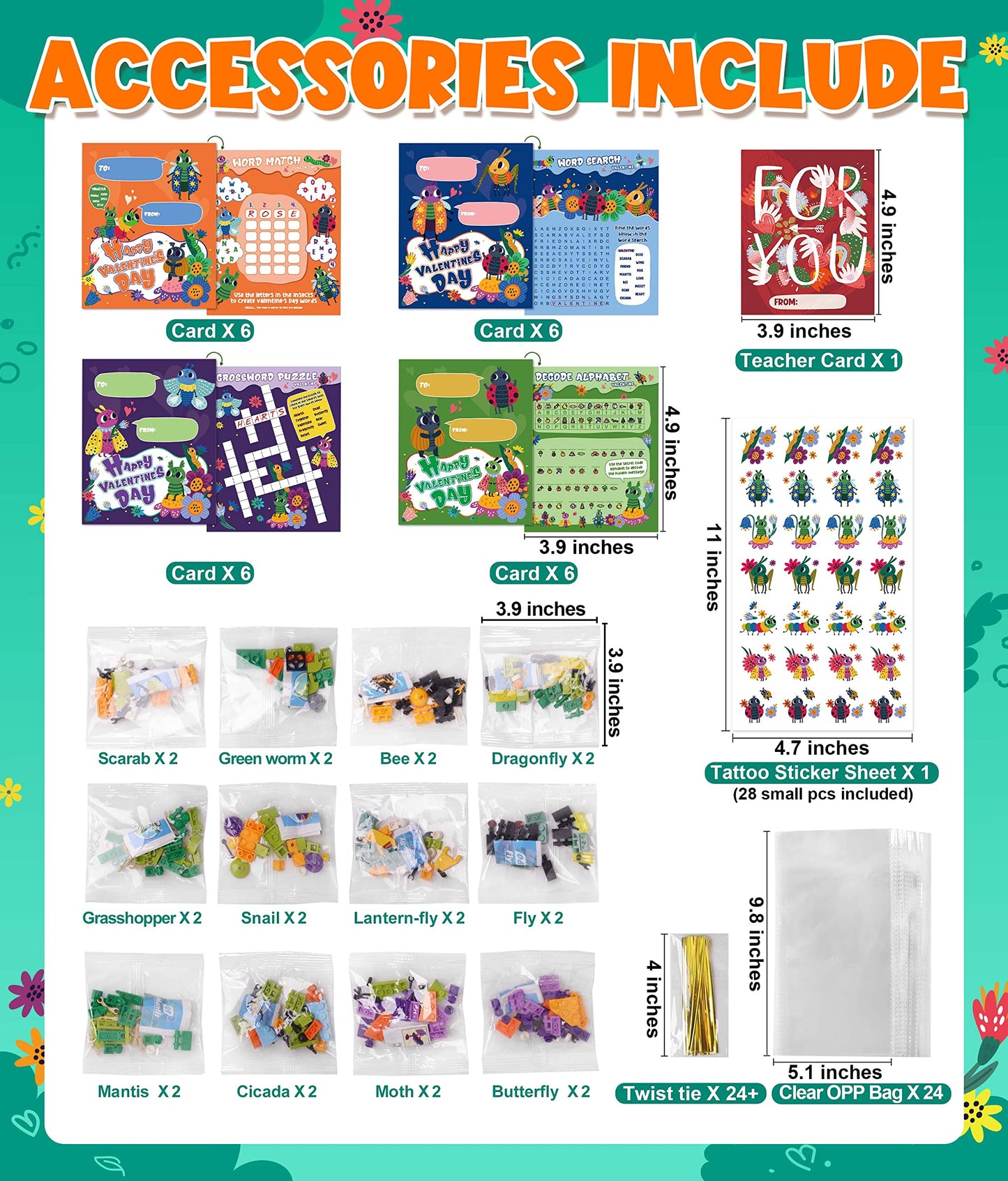 Colplay 24-Pack Valentines Day Gifts: Insect Building Blocks, Cards & Stickers for Class Gifts