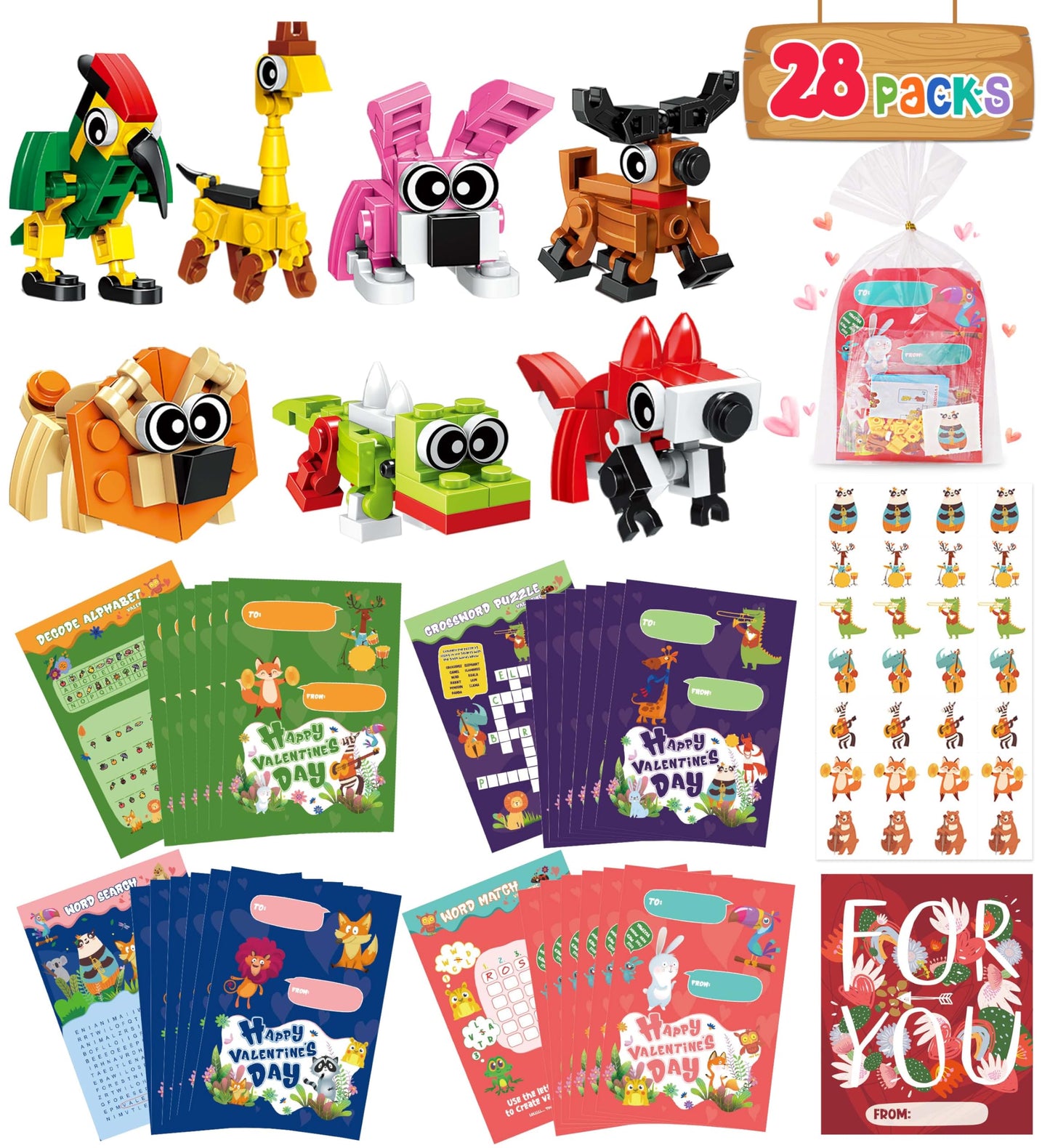 Colplay Valentines Day Gifts for Kids – 28-Pack Animal Building Blocks, Cards & Stickers