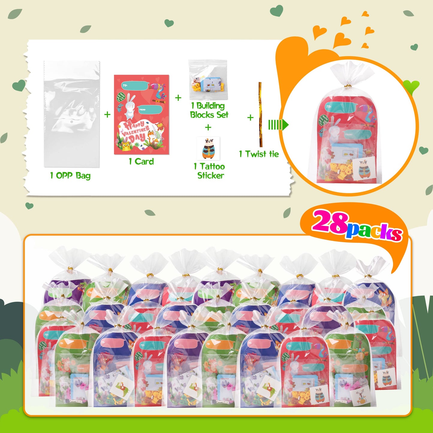 Colplay Valentines Day Gifts for Kids – 28-Pack Animal Building Blocks, Cards & Stickers