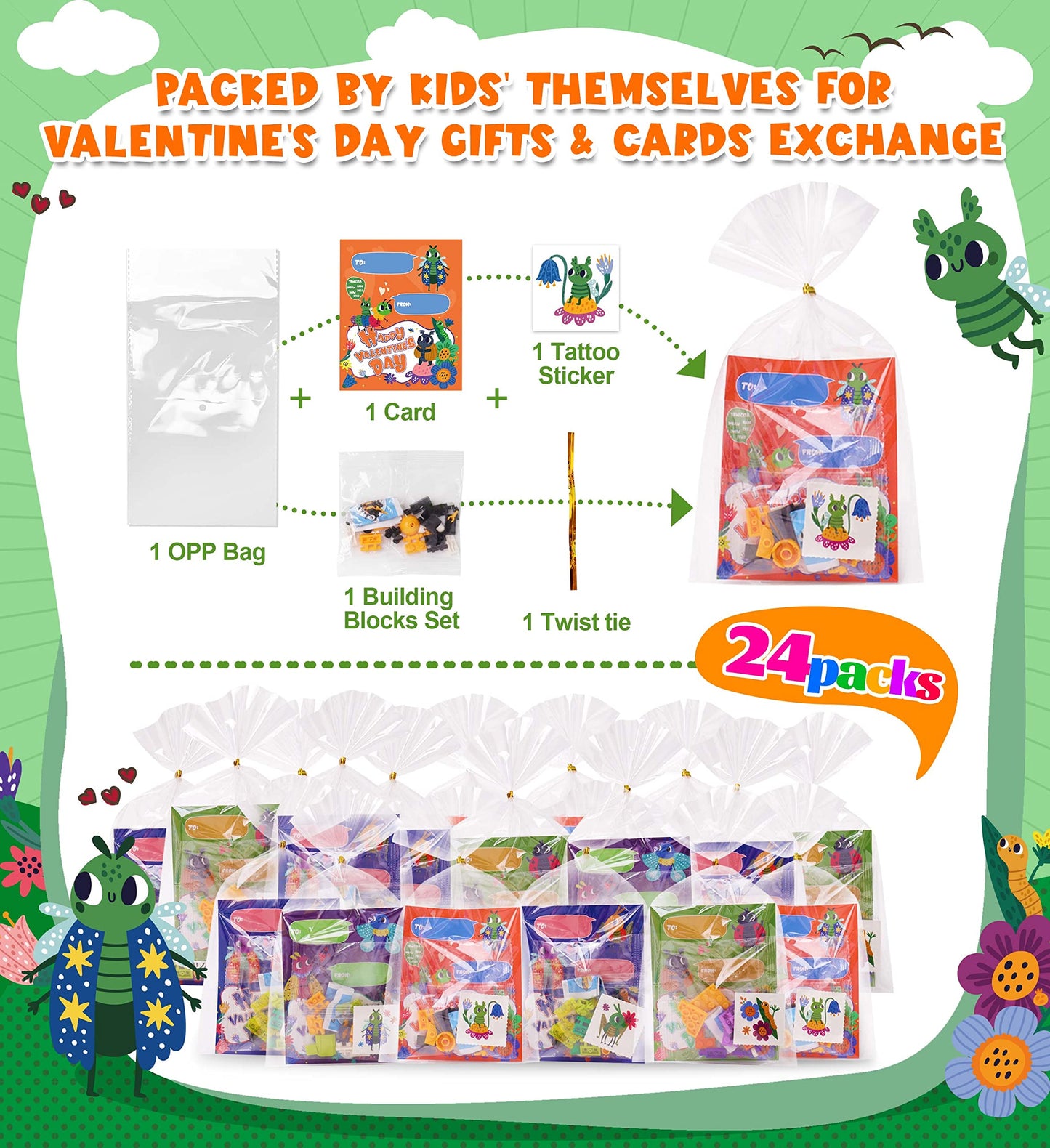 Colplay 24-Pack Valentines Day Gifts: Insect Building Blocks, Cards & Stickers for Class Gifts
