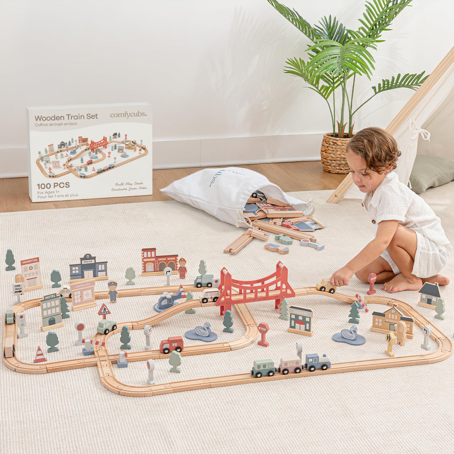 Comfy Cubs 100-Piece Wooden Train Set for Toddlers (Ages 1+) – Eco-Friendly & Expandable Tracks