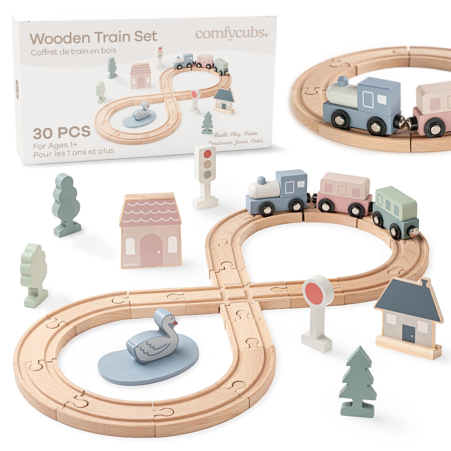 Comfy Cubs 30-Piece Wooden Train Set for Toddlers | Eco-Friendly & Flexible Track System