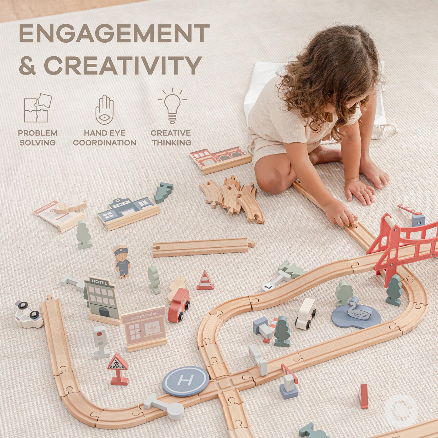 Comfy Cubs 100-Piece Wooden Train Set for Toddlers (Ages 1+) – Eco-Friendly & Expandable Tracks