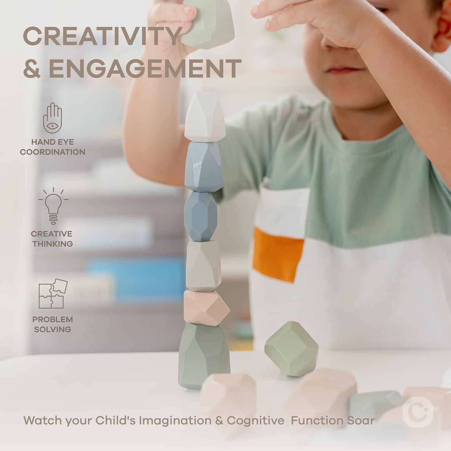 Comfy Cubs Stacking Rocks 36 Pieces – Wooden Blocks for Imagination & Fine Motor Skills