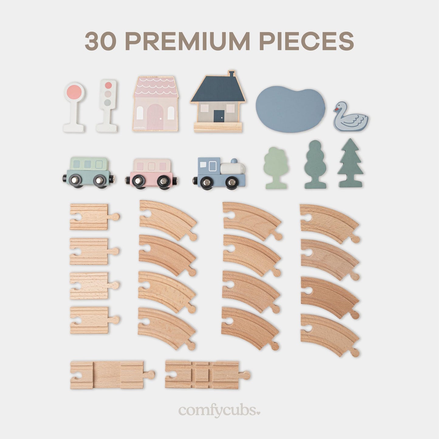 Comfy Cubs 30-Piece Wooden Train Set for Toddlers | Eco-Friendly & Flexible Track System