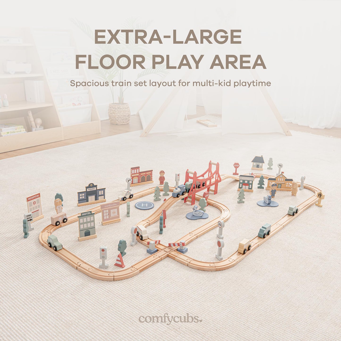 Comfy Cubs 100-Piece Wooden Train Set for Toddlers (Ages 1+) – Eco-Friendly & Expandable Tracks
