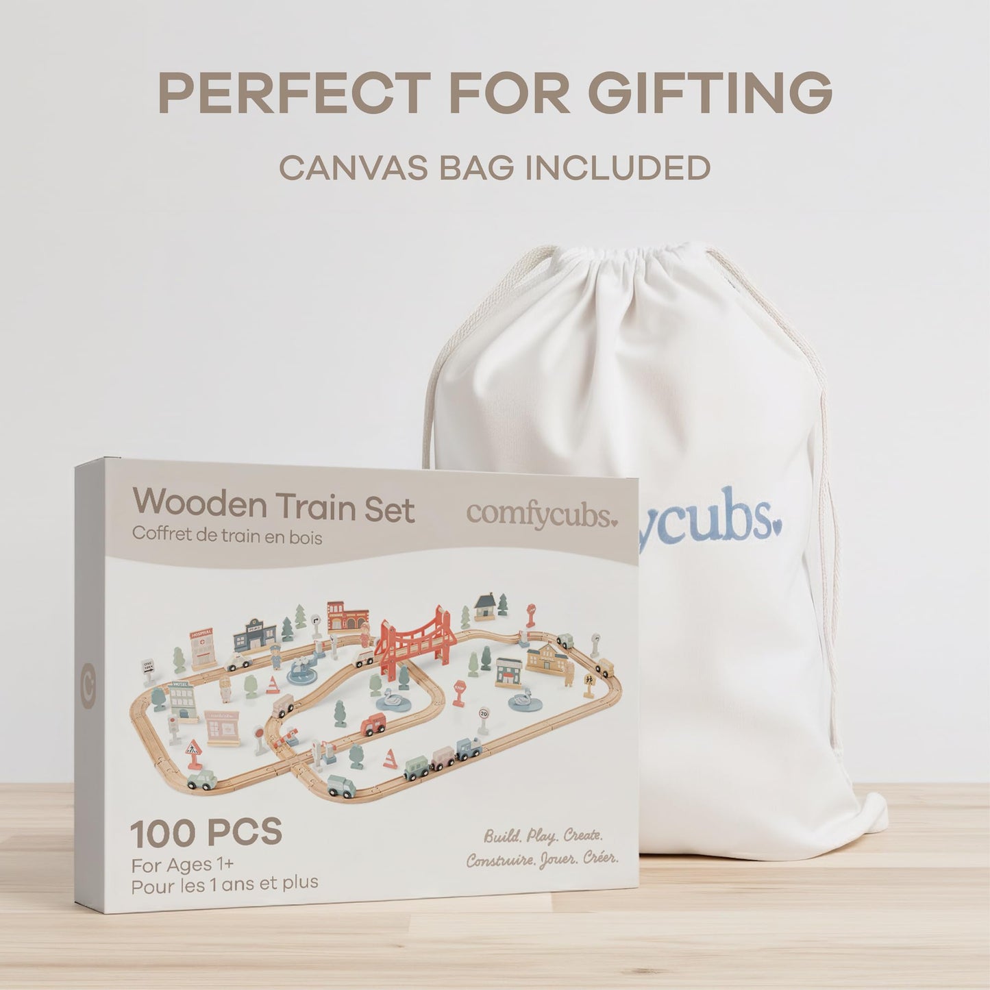 Comfy Cubs 100-Piece Wooden Train Set for Toddlers (Ages 1+) – Eco-Friendly & Expandable Tracks