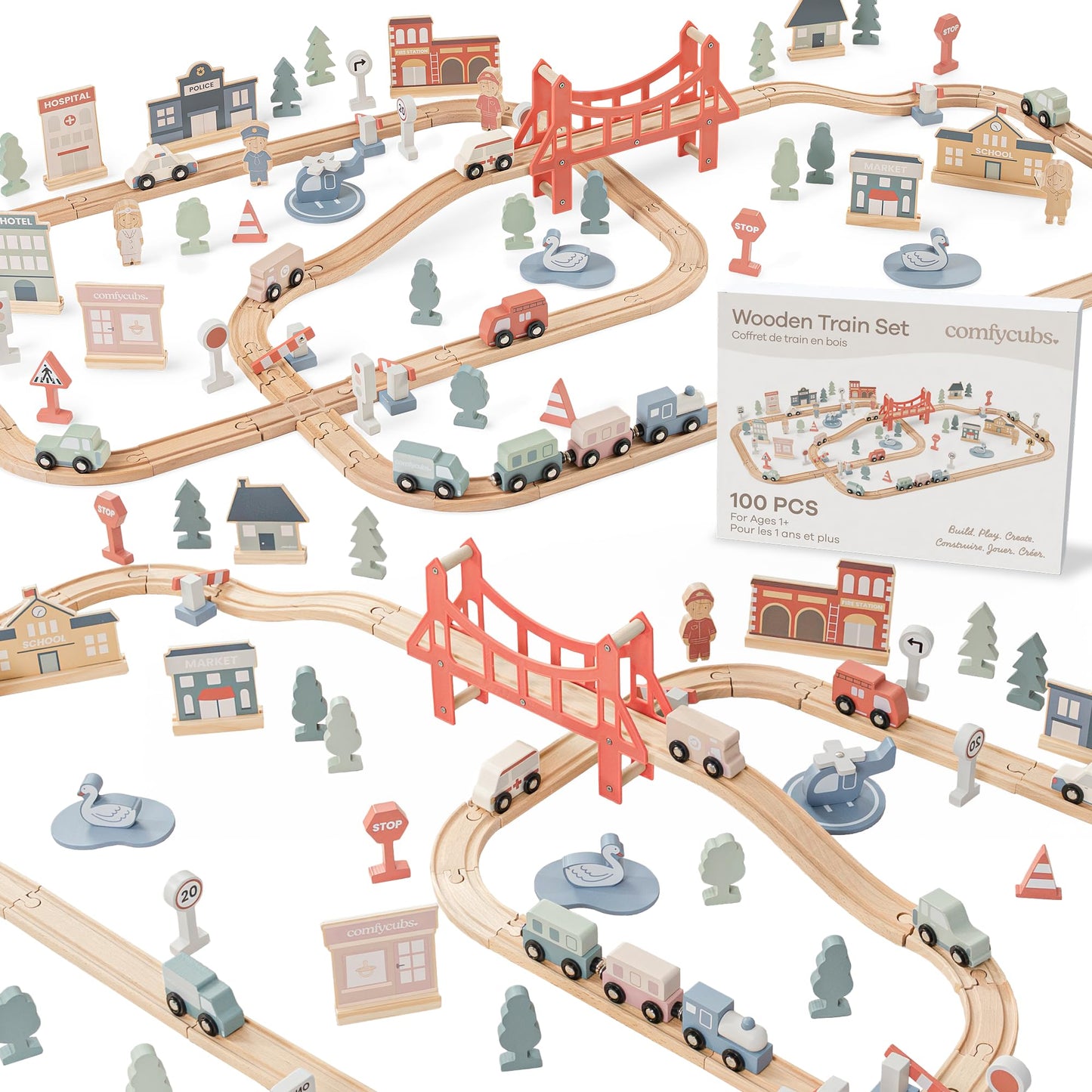 Comfy Cubs 100-Piece Wooden Train Set for Toddlers (Ages 1+) – Eco-Friendly & Expandable Tracks
