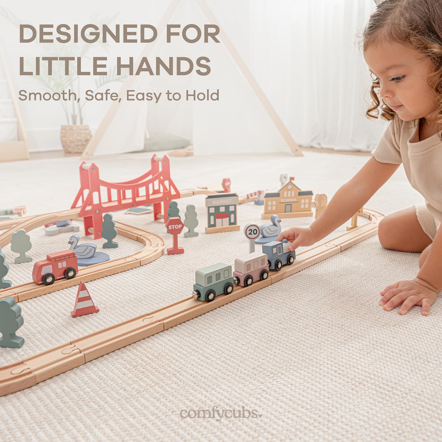 Comfy Cubs 100-Piece Wooden Train Set for Toddlers (Ages 1+) – Eco-Friendly & Expandable Tracks
