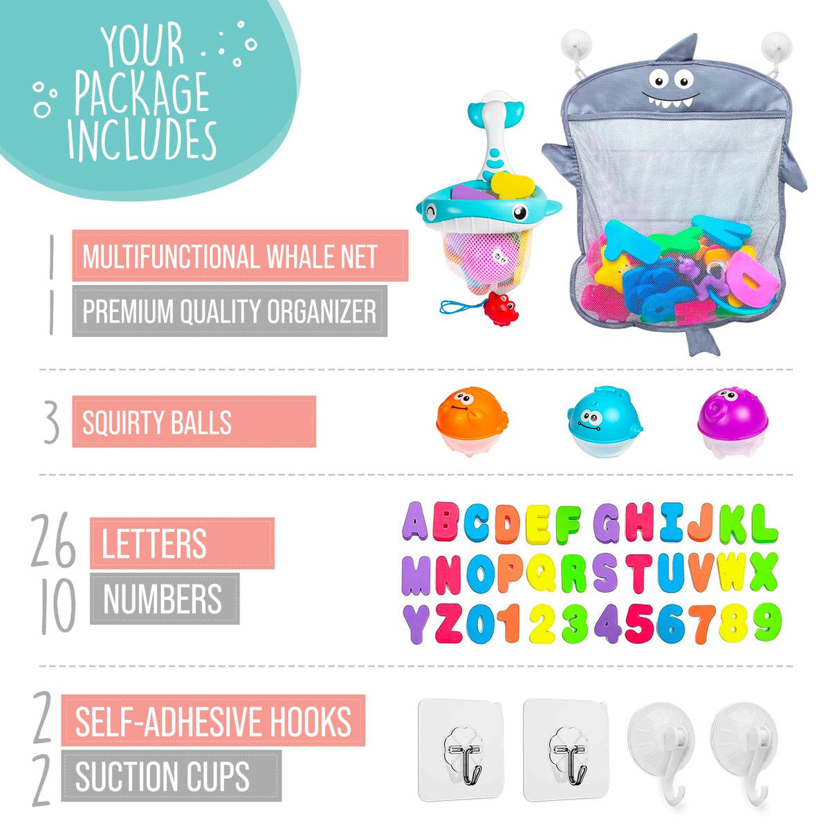 Comfylife Baby Bath Toy Organizer – Tub Storage with Squirty Toys and Letters & Numbers