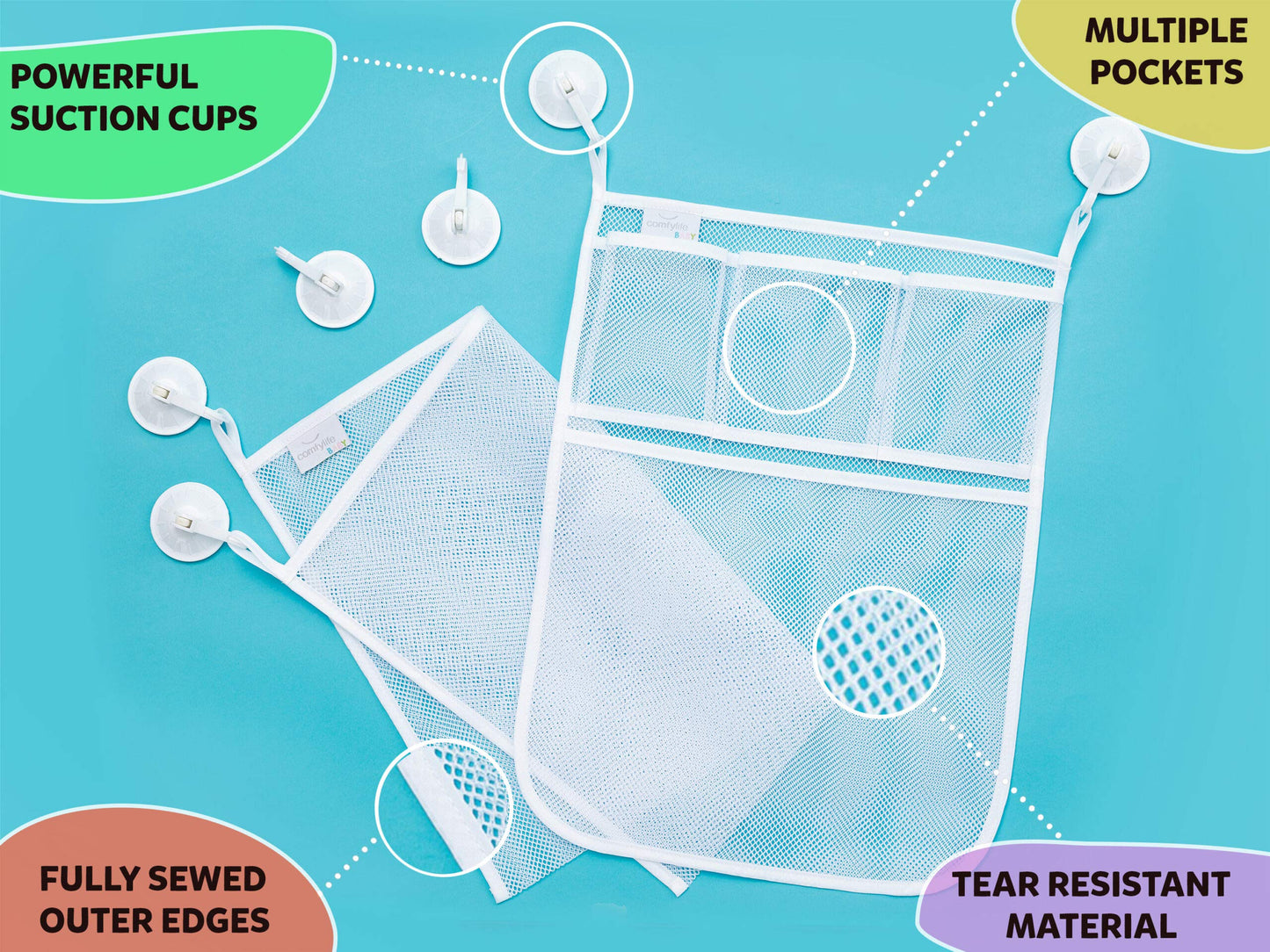 Comfylife 2x Mesh Bath Toy Organizer + 8 Ultra-Strong Hooks – Multi-Use Bath Caddy