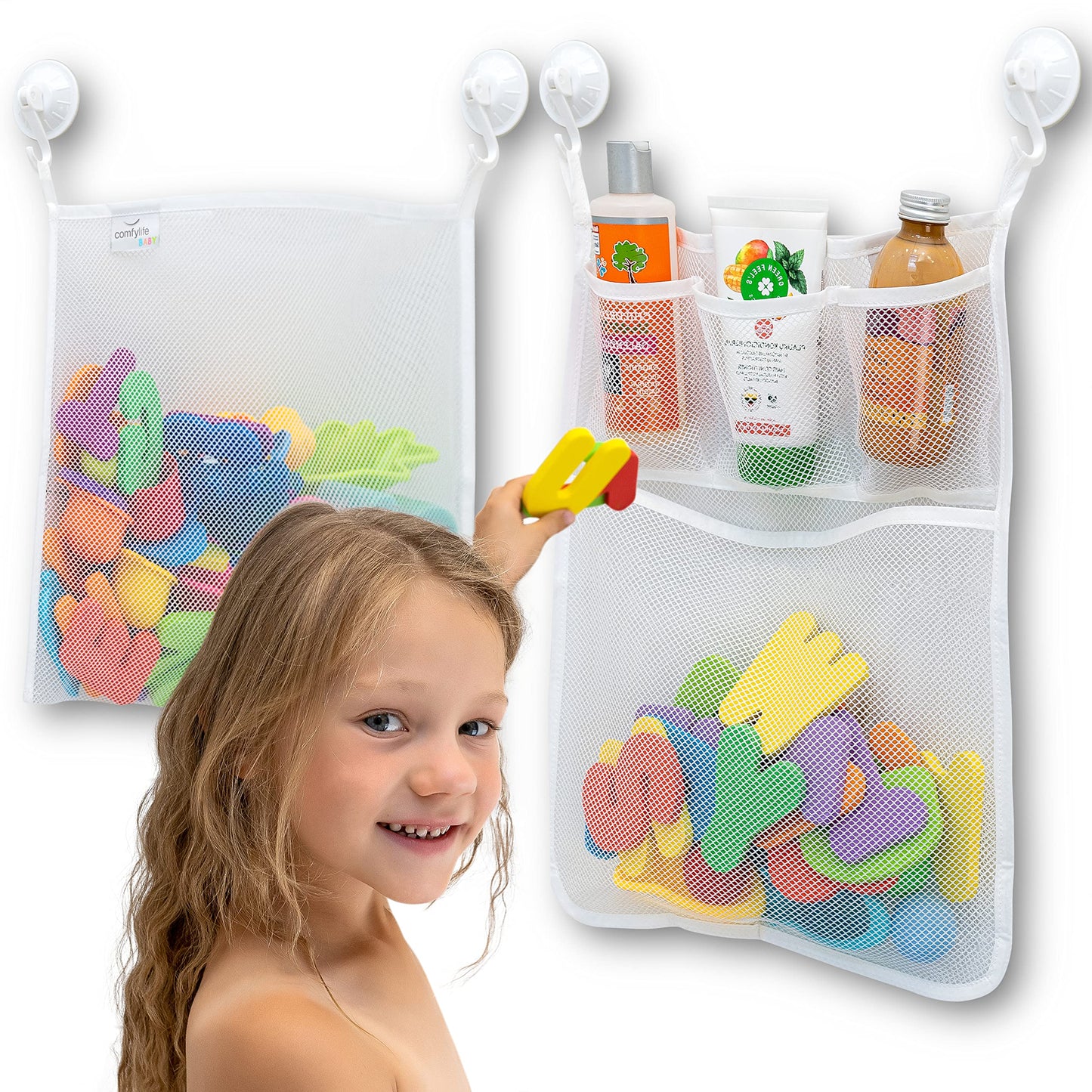Comfylife 2x Mesh Bath Toy Organizer + 8 Ultra-Strong Hooks – Multi-Use Bath Caddy