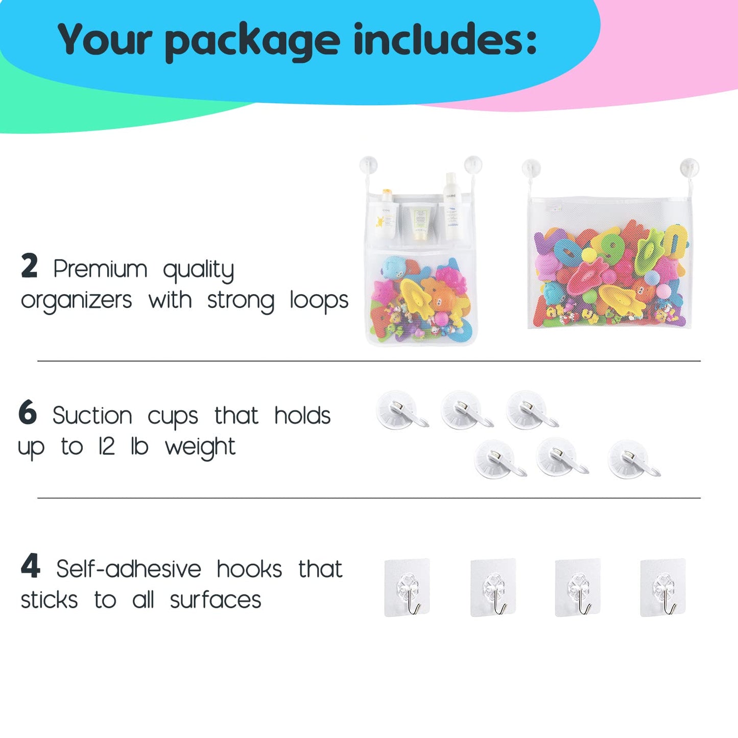 Comfylife 2x Mesh Bath Toy Organizer + 8 Ultra-Strong Hooks – Multi-Use Bath Caddy