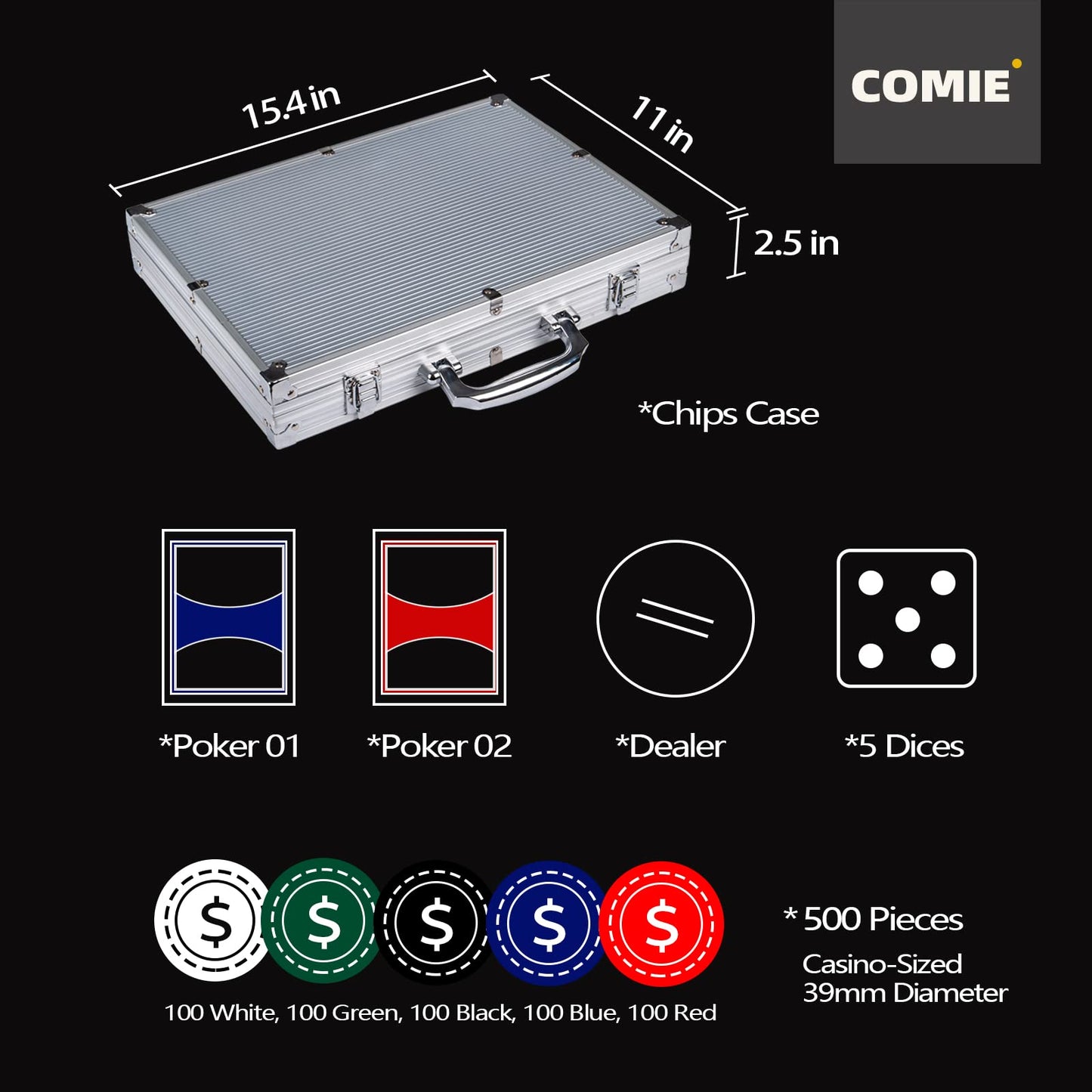 Comie Poker Chips 500PCS Set with Aluminum Travel Case • 11.5g Casino-Quality Chips