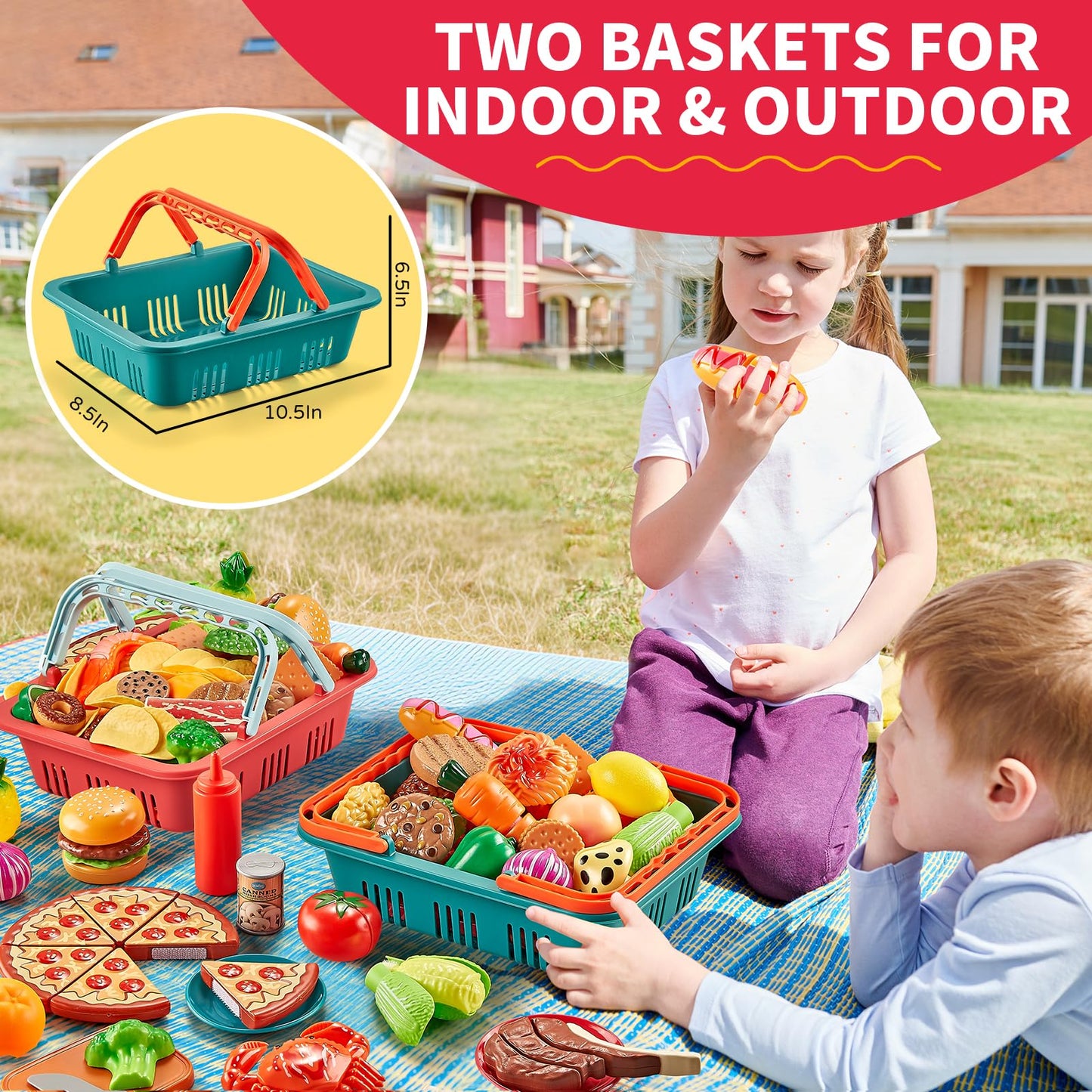 Comirth Play Food Sets for Kids – 80pc Pretend Food with 2 Picnic Baskets | Safe Plastic Kitchen Toys