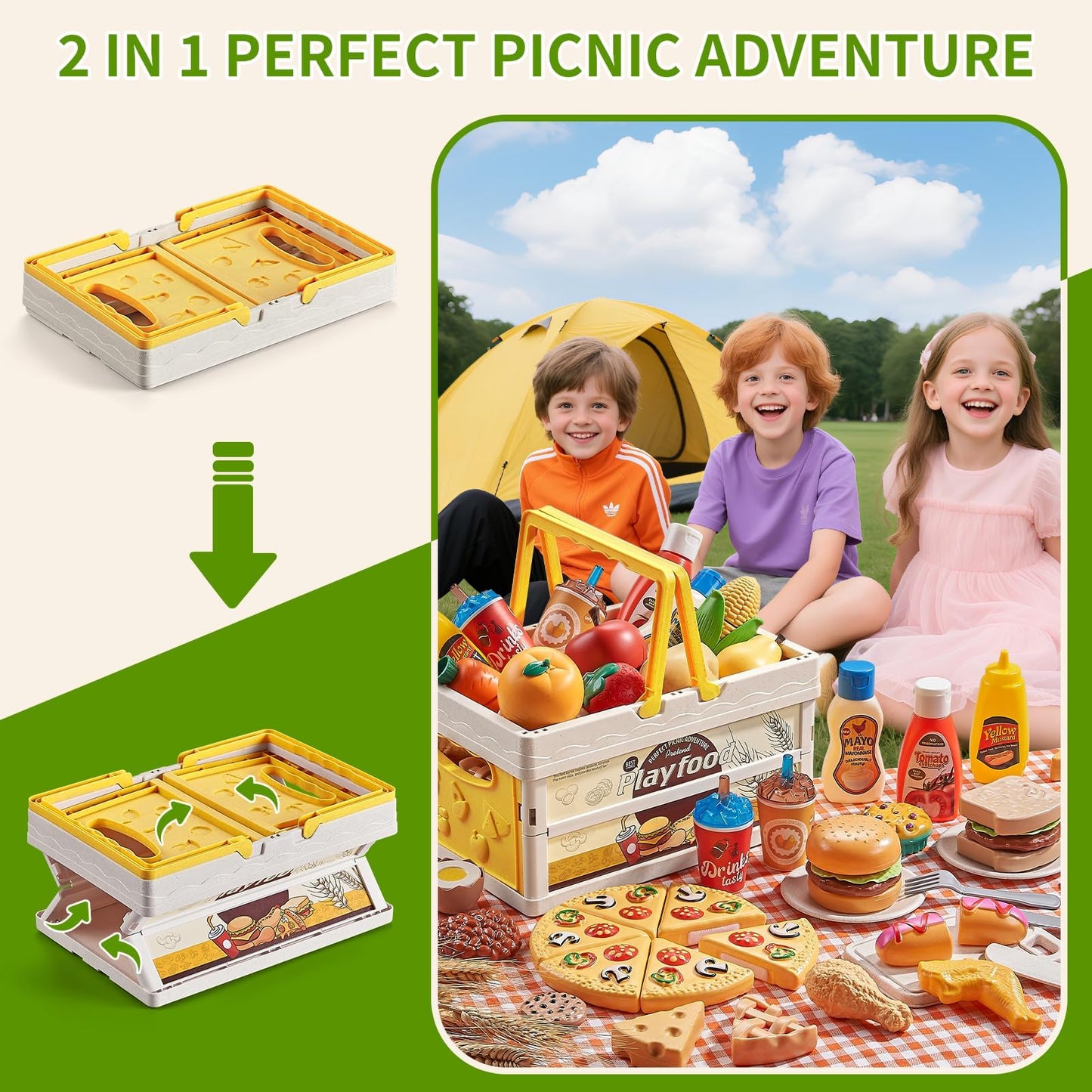 Comirth Play Food Sets for Kids – Wheat Straw Pretend Food, Picnic Basket & Blanket