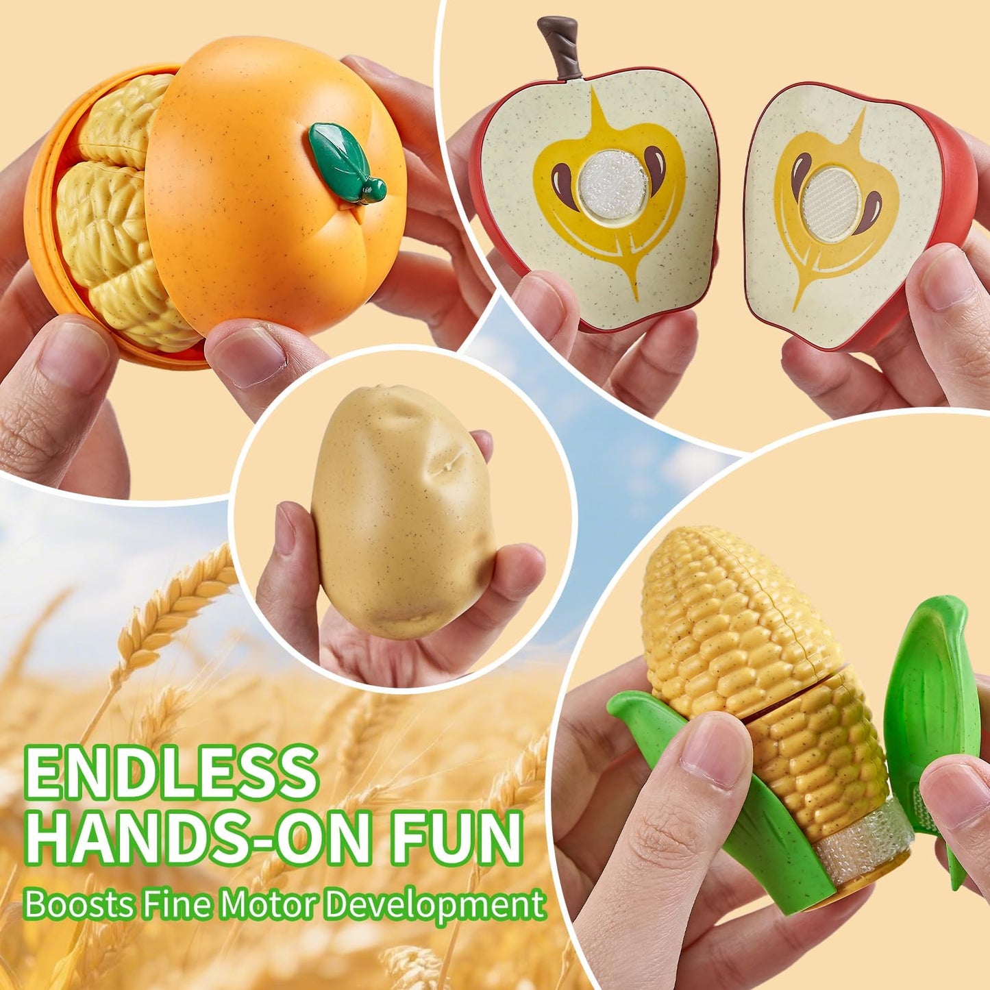 Comirth Play Food Sets for Kids – Wheat Straw Pretend Food, Picnic Basket & Blanket