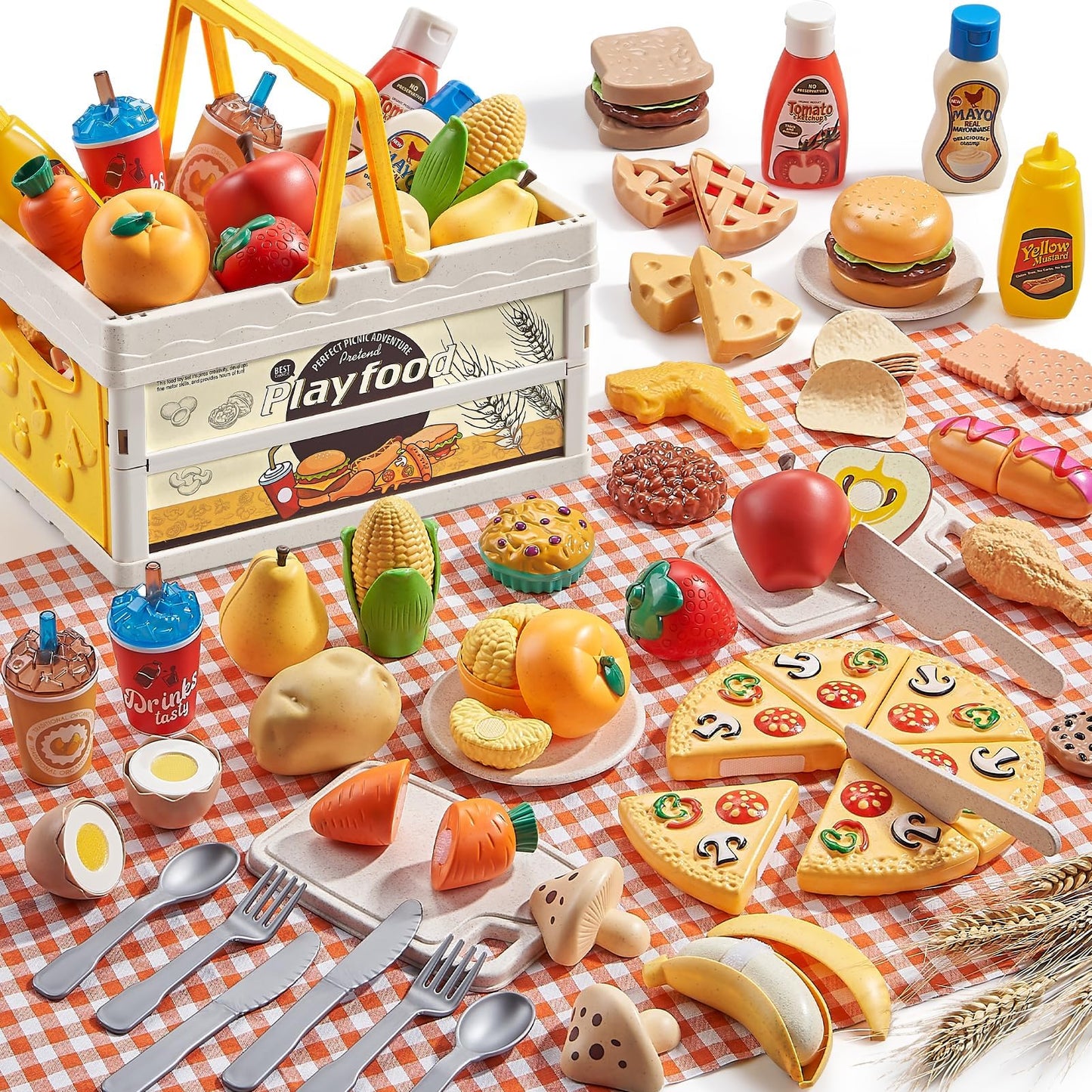 Comirth Play Food Sets for Kids – Wheat Straw Pretend Food, Picnic Basket & Blanket