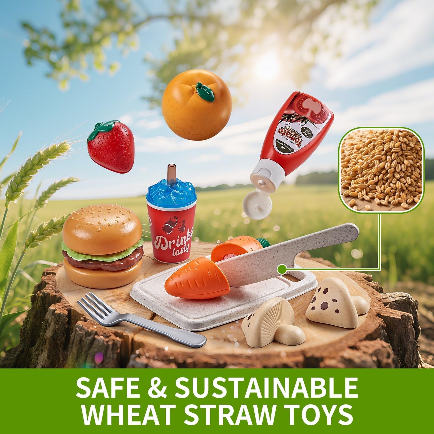 Comirth Play Food Sets for Kids – Wheat Straw Pretend Food, Picnic Basket & Blanket