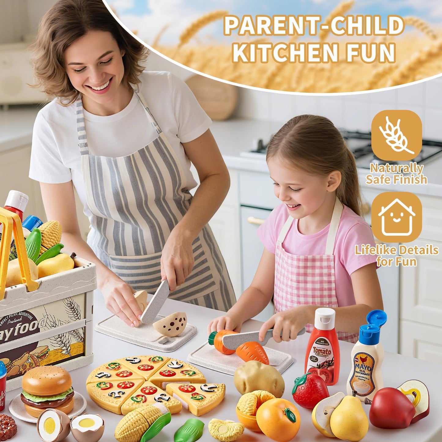 Comirth Play Food Sets for Kids – Wheat Straw Pretend Food, Picnic Basket & Blanket