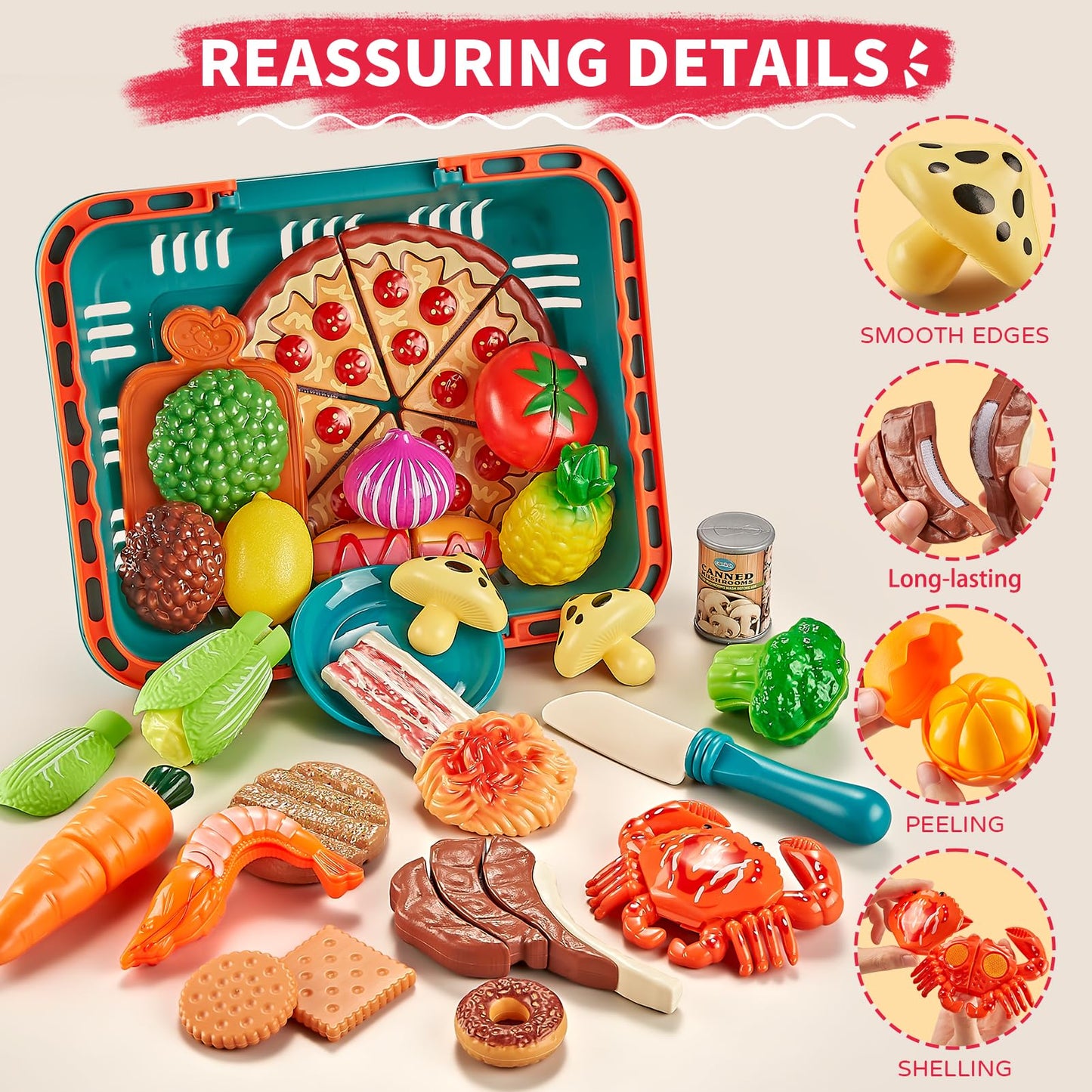 Comirth Play Food Sets for Kids – 80pc Pretend Food with 2 Picnic Baskets | Safe Plastic Kitchen Toys