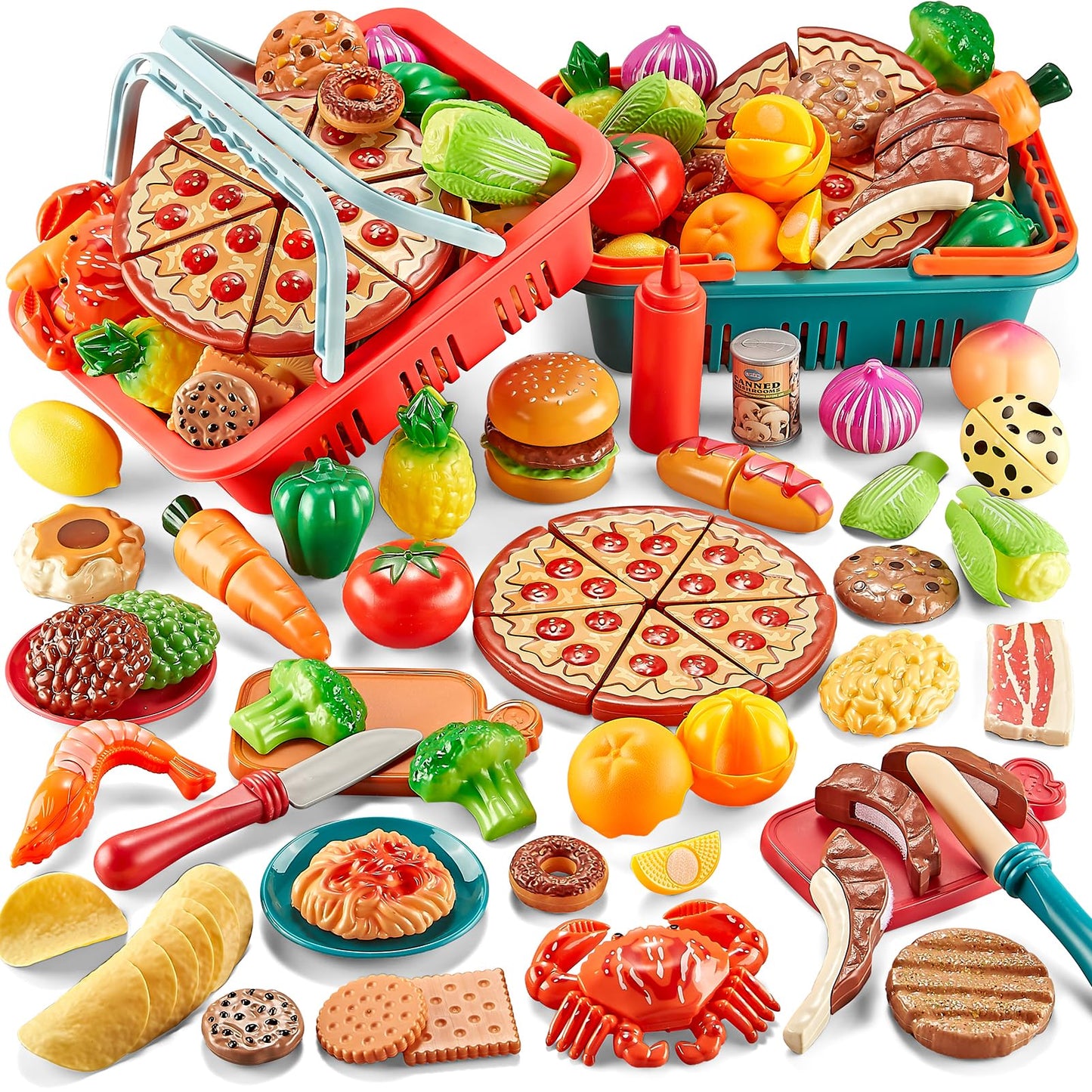 Comirth Play Food Sets for Kids – 80pc Pretend Food with 2 Picnic Baskets | Safe Plastic Kitchen Toys