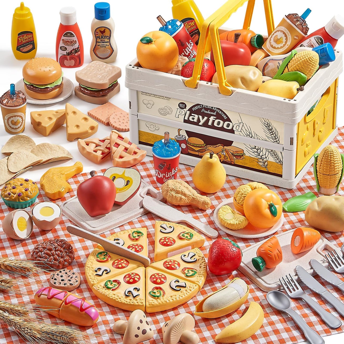Comirth Play Food Sets for Kids – Wheat Straw Pretend Food, Picnic Basket & Blanket
