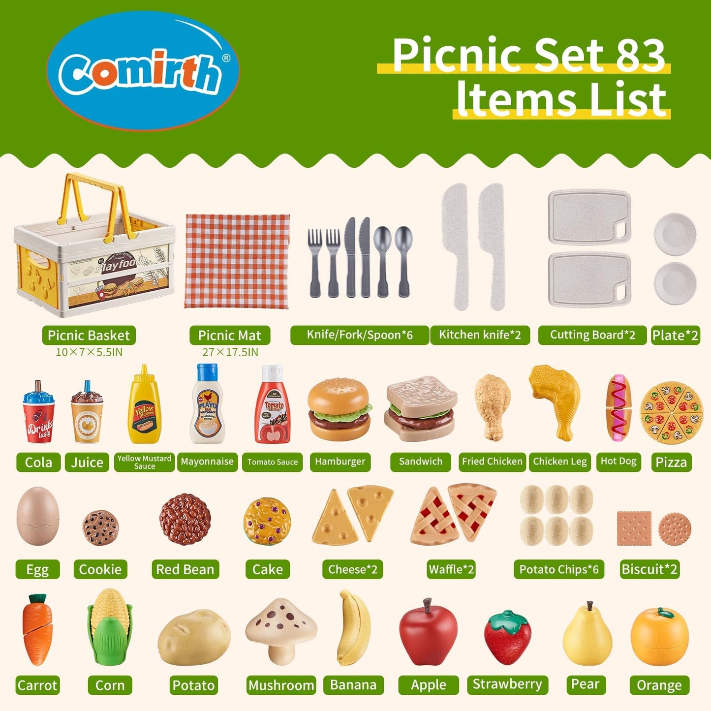 Comirth Play Food Sets for Kids – Wheat Straw Pretend Food, Picnic Basket & Blanket