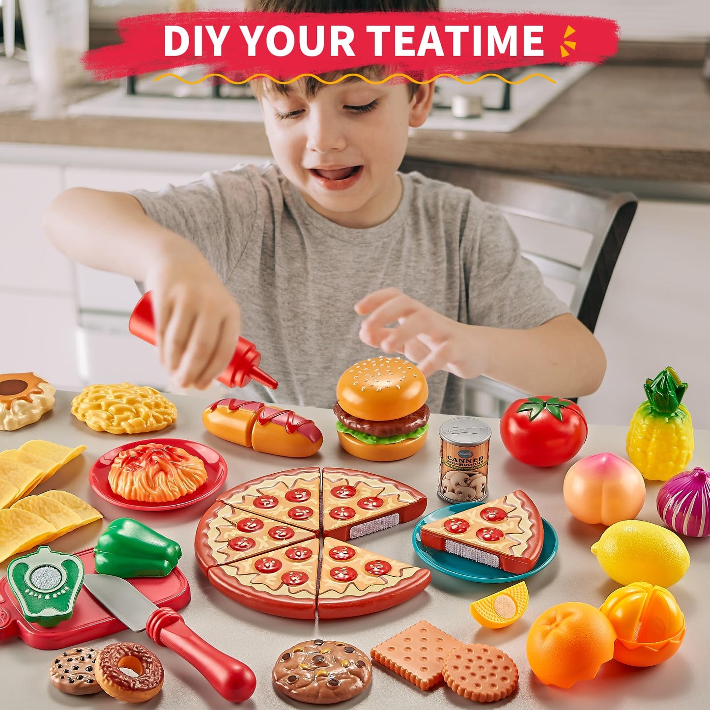 Comirth Play Food Sets for Kids – 80pc Pretend Food with 2 Picnic Baskets | Safe Plastic Kitchen Toys