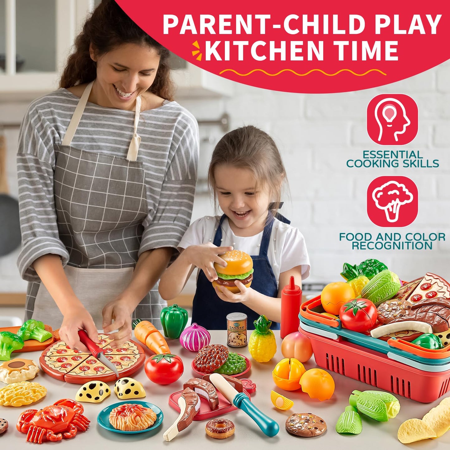 Comirth Play Food Sets for Kids – 80pc Pretend Food with 2 Picnic Baskets | Safe Plastic Kitchen Toys