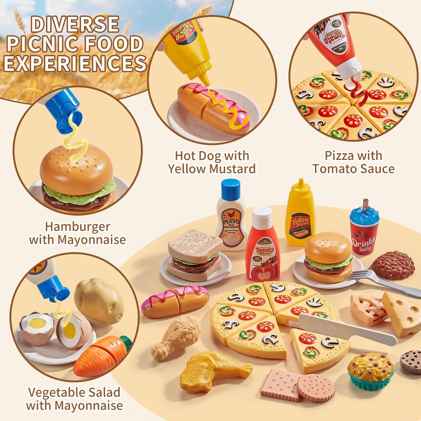 Comirth Play Food Sets for Kids – Wheat Straw Pretend Food, Picnic Basket & Blanket