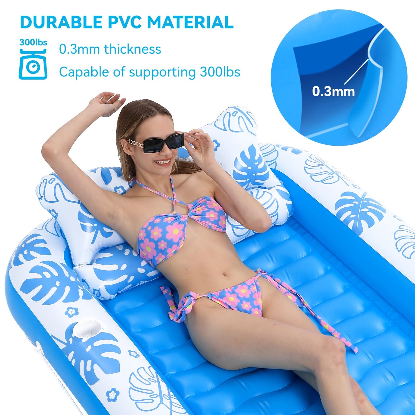 COMMOUDS Inflatable Tanning Pool Lounger Float with Cervical Pillow — 71in x 47in, SkyBlue